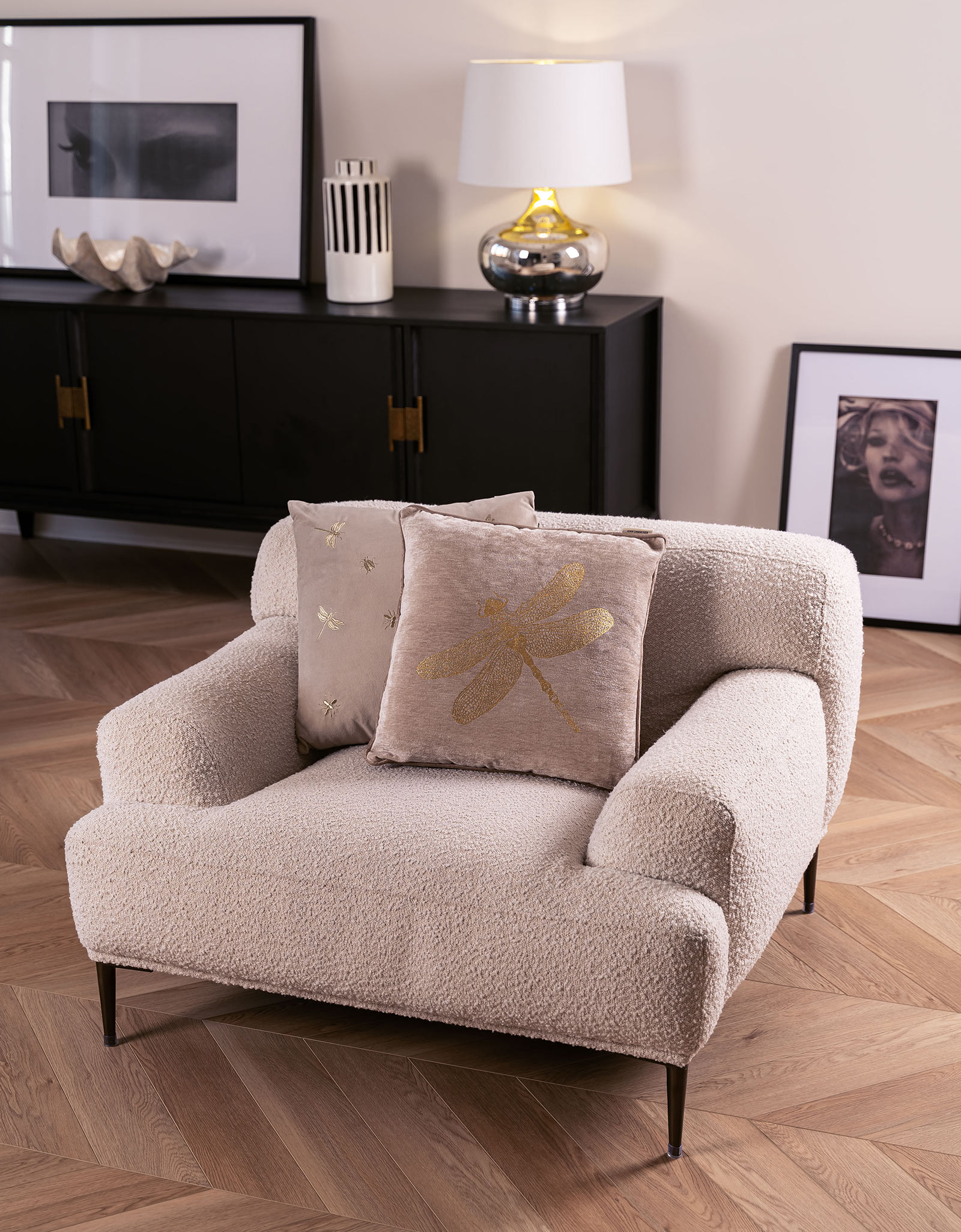 Decorative pillow, 45x45 cm, chenille / corduroy, gray-beige, Dragonfly, Dragonfly