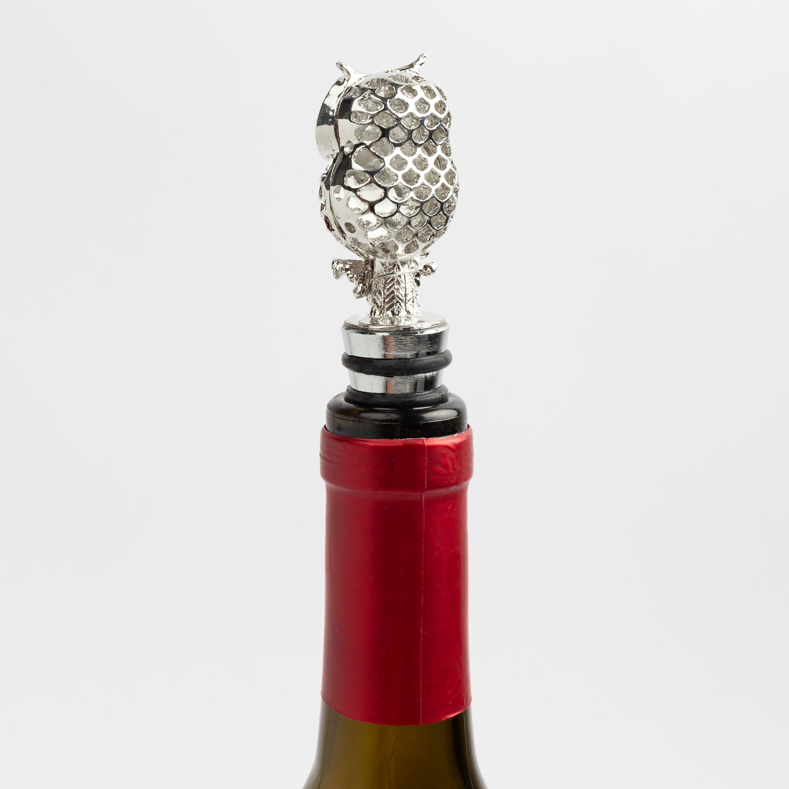 Wine bottle stopper, 11 cm, metal/rhinestones, silver, Owl, Birds, image-3