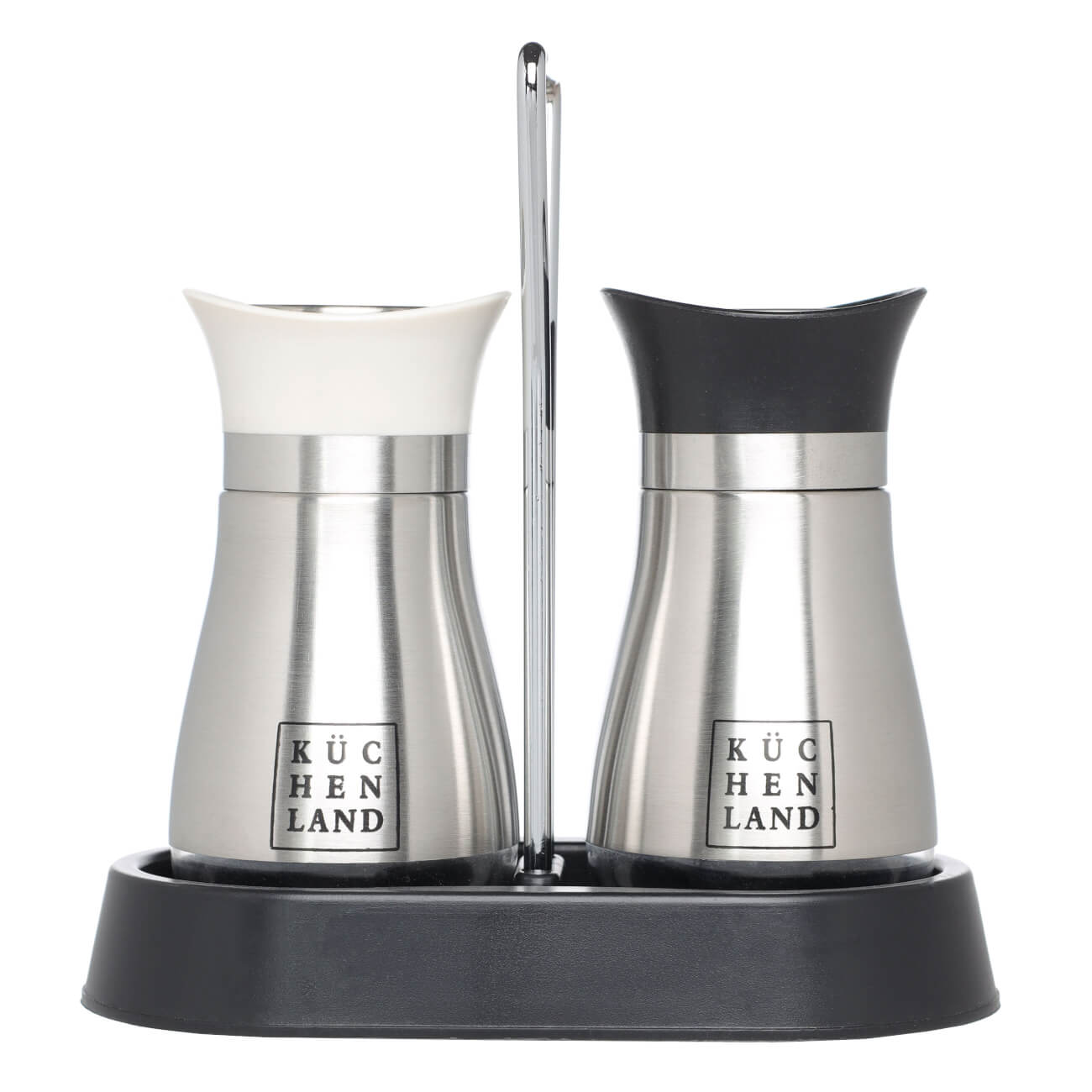 Salt and pepper set, 16 cm, on stand, steel / glass, black / beige, Classic