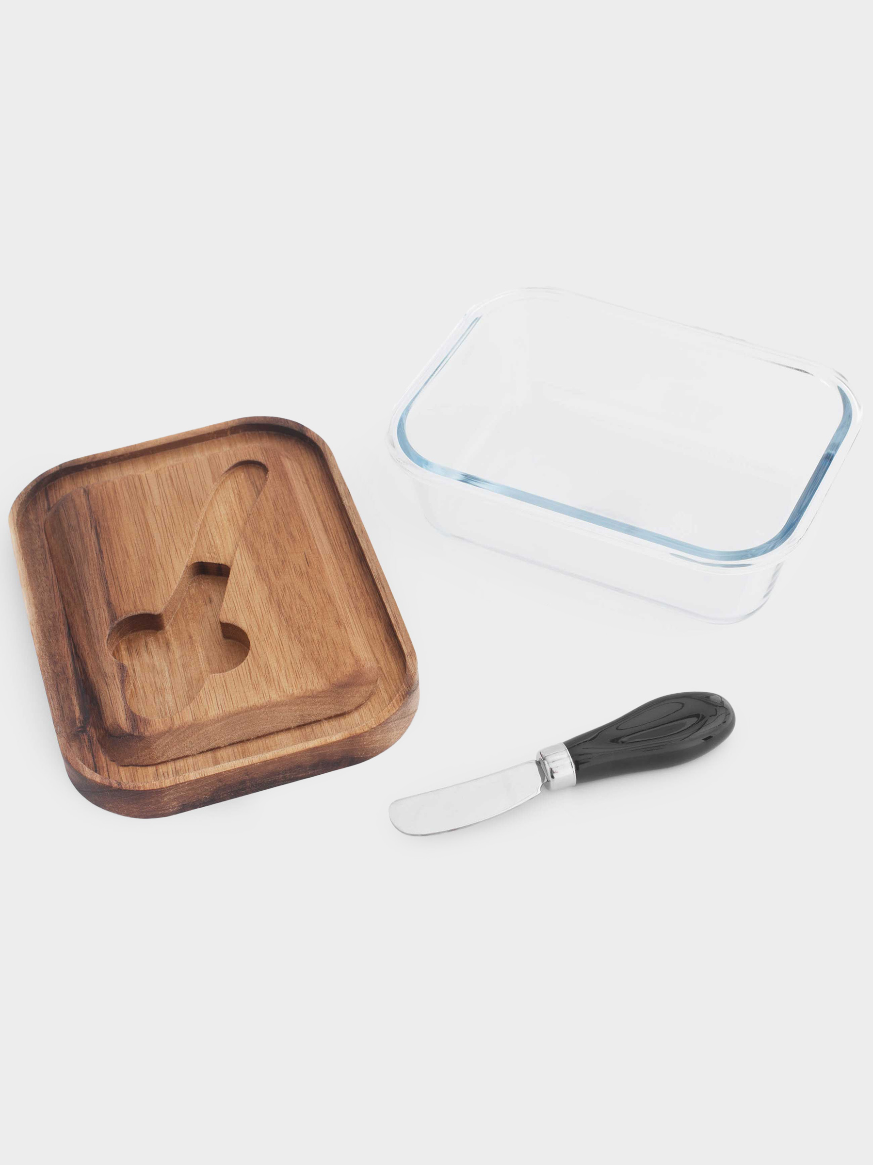 Butter dish, 18 cm, with knife, wood/glass / steel, rectangular, Noble tree, image-6