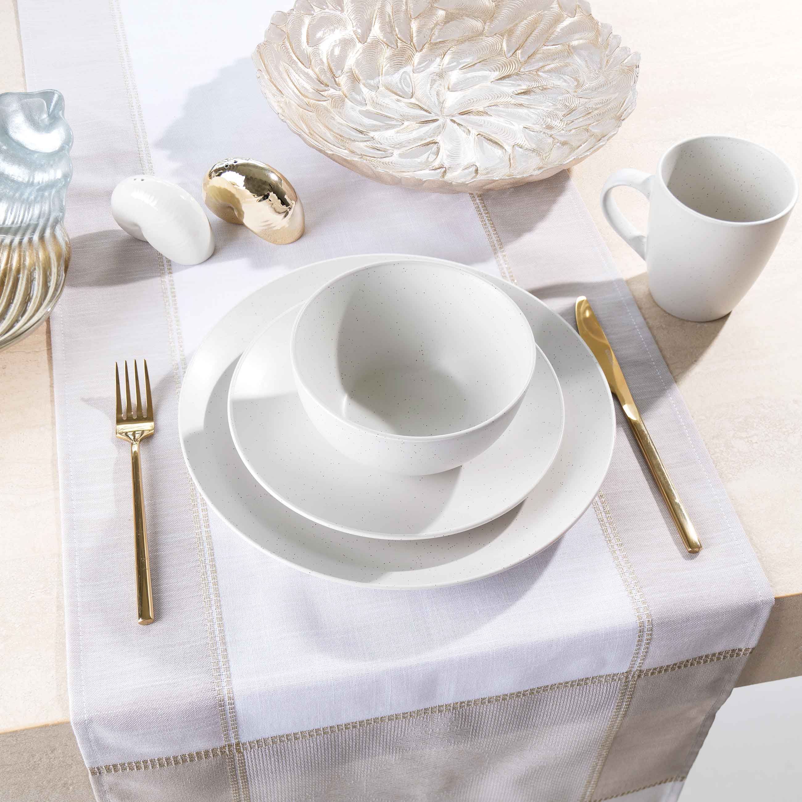 Dining set, 6 pers, 18 pr, ceramic, milk, speckled, Particle