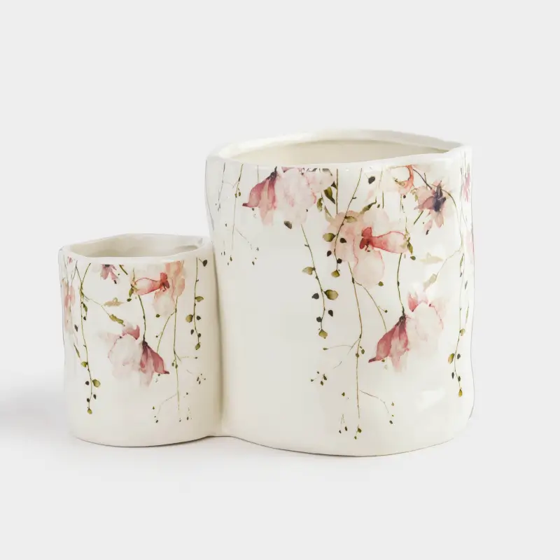 Kitchen accessories stand, 14 cm, 2 compartments, ceramic, milky, Flowers, Crumple print																														 ,image-0