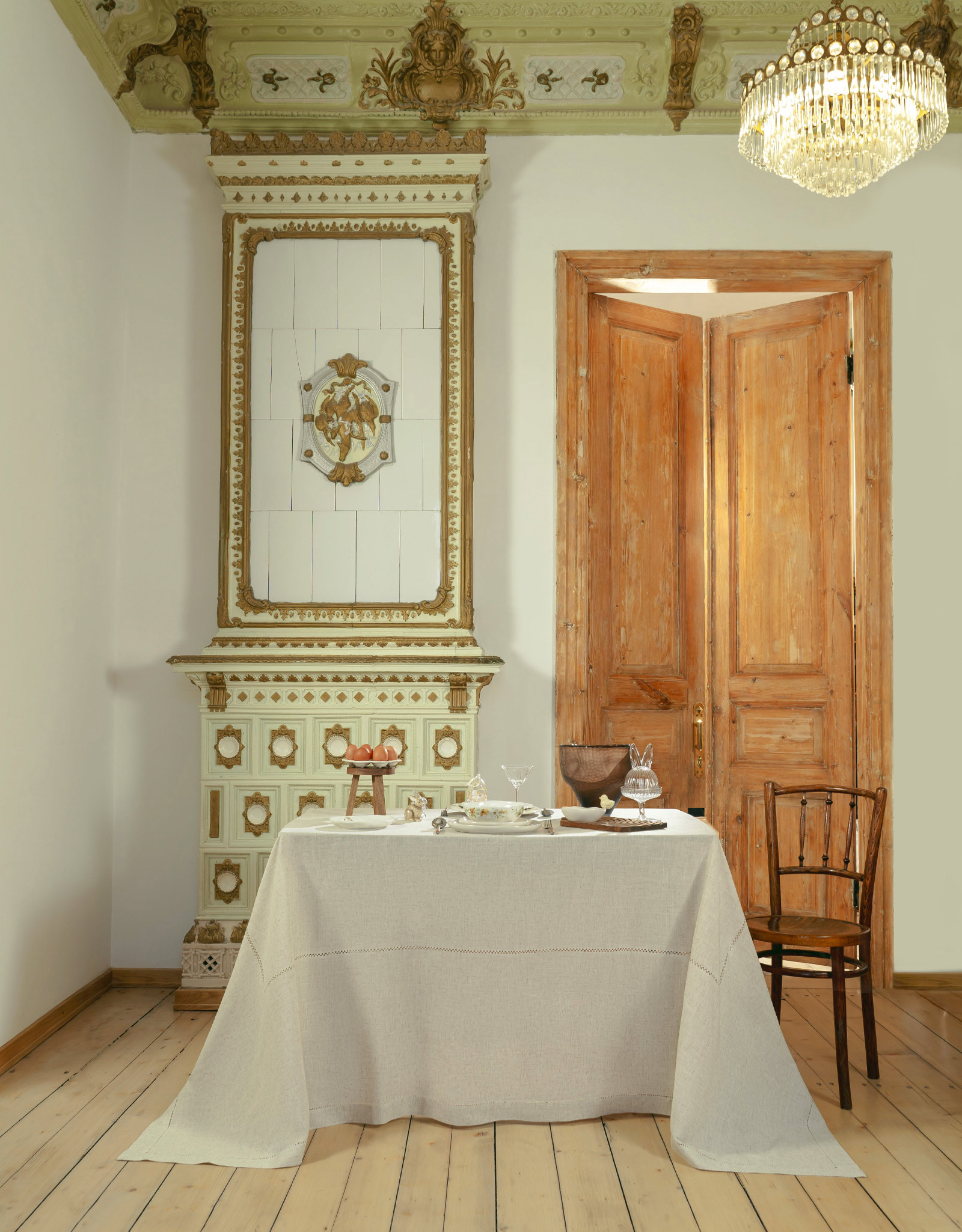 Tablecloth, 160x160 cm, polyester / linen, beige, Hemstitch