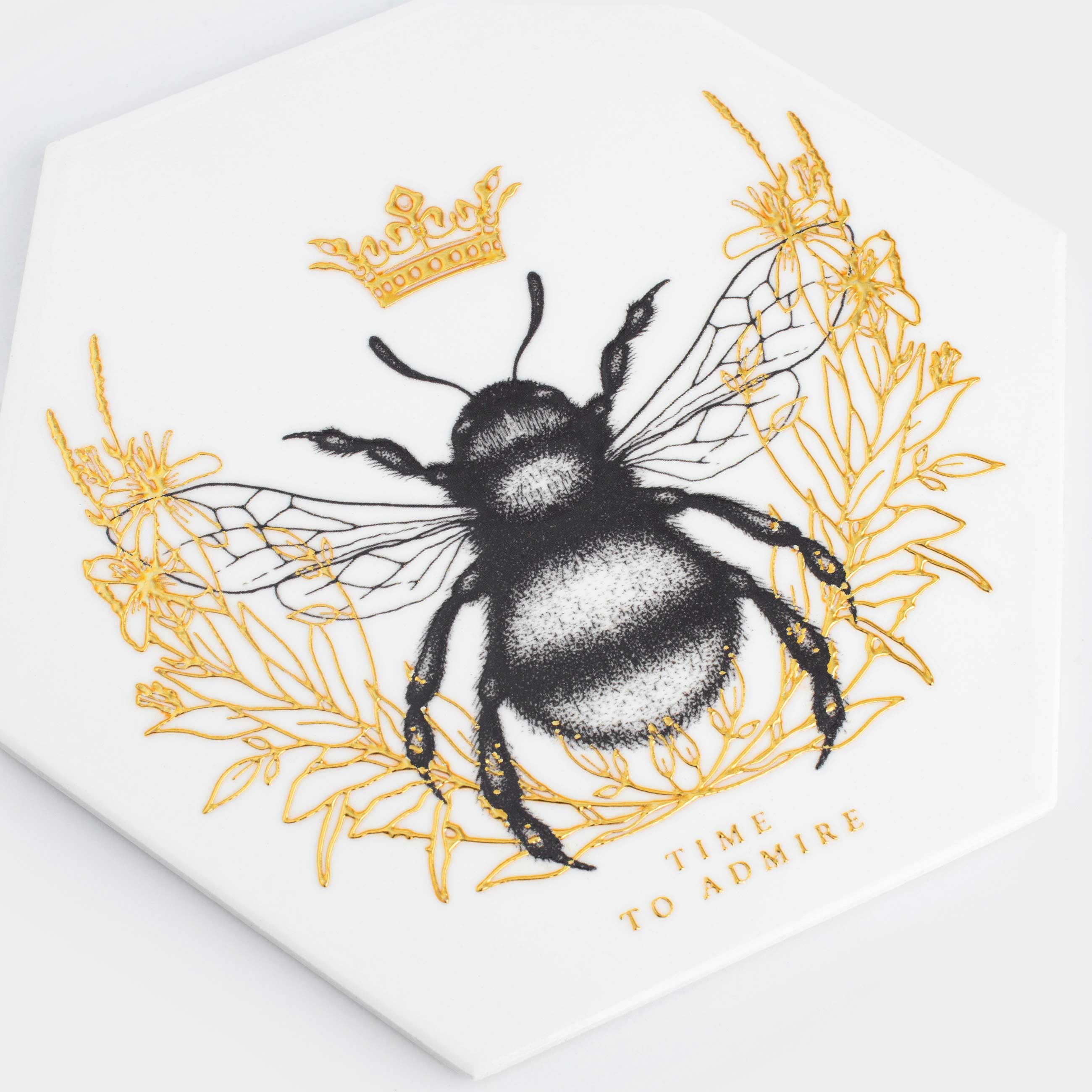 Hot plate, 20 cm, ceramic / cork, hexagonal, white, Royal bee, Honey