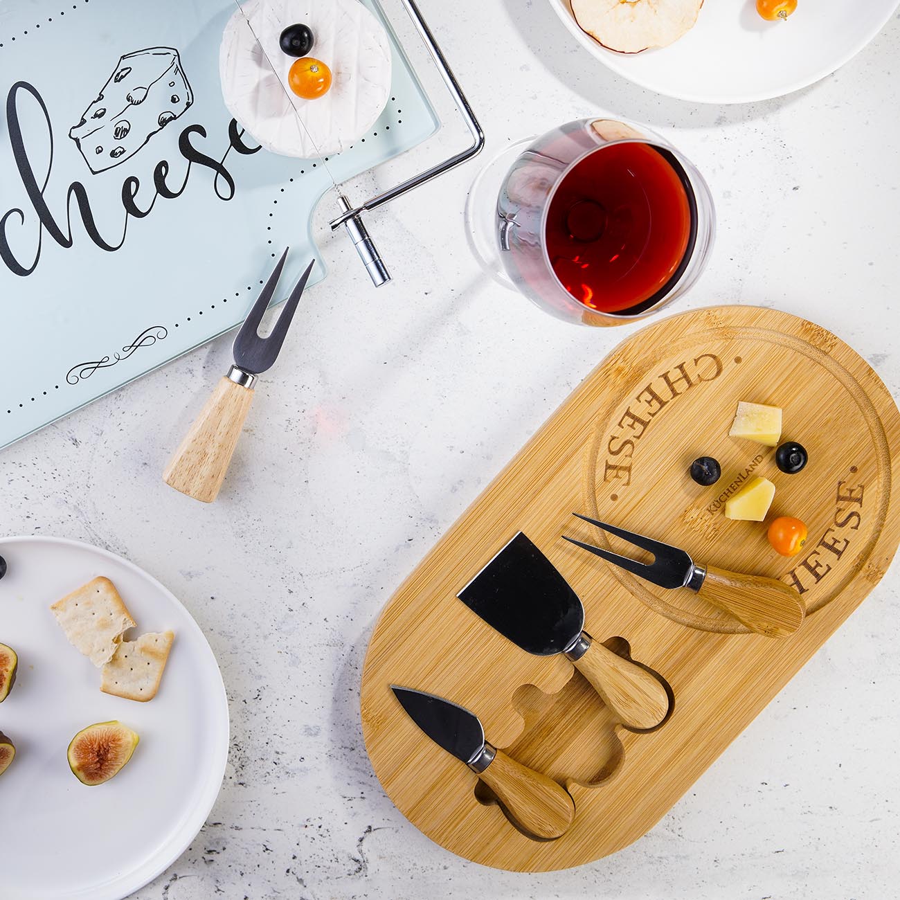 Cheese set, 4 pcs, stand board, Steel / Bamboo, Oval, Cheese, image-4