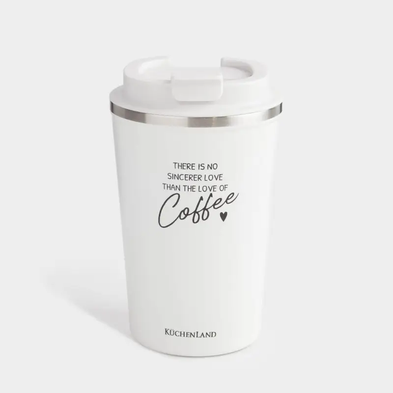 Thermo mug, 350 ml, steel / plastic, white, with inscription, Coffee time