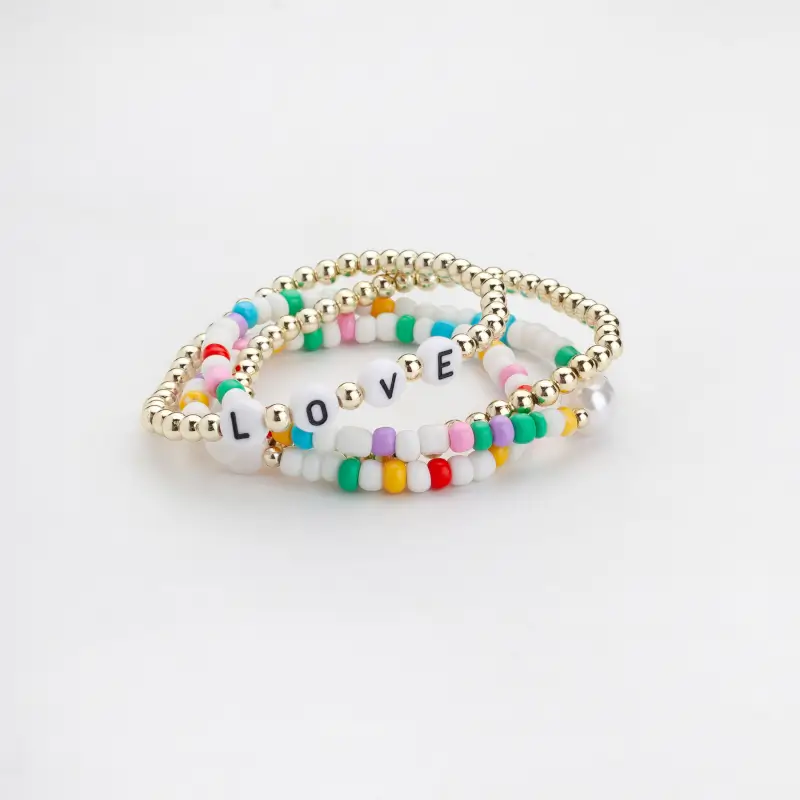 Bracelet set, 6 cm, 4 pcs, plastic / glass, gold/color, Love, Pearl ,image-0