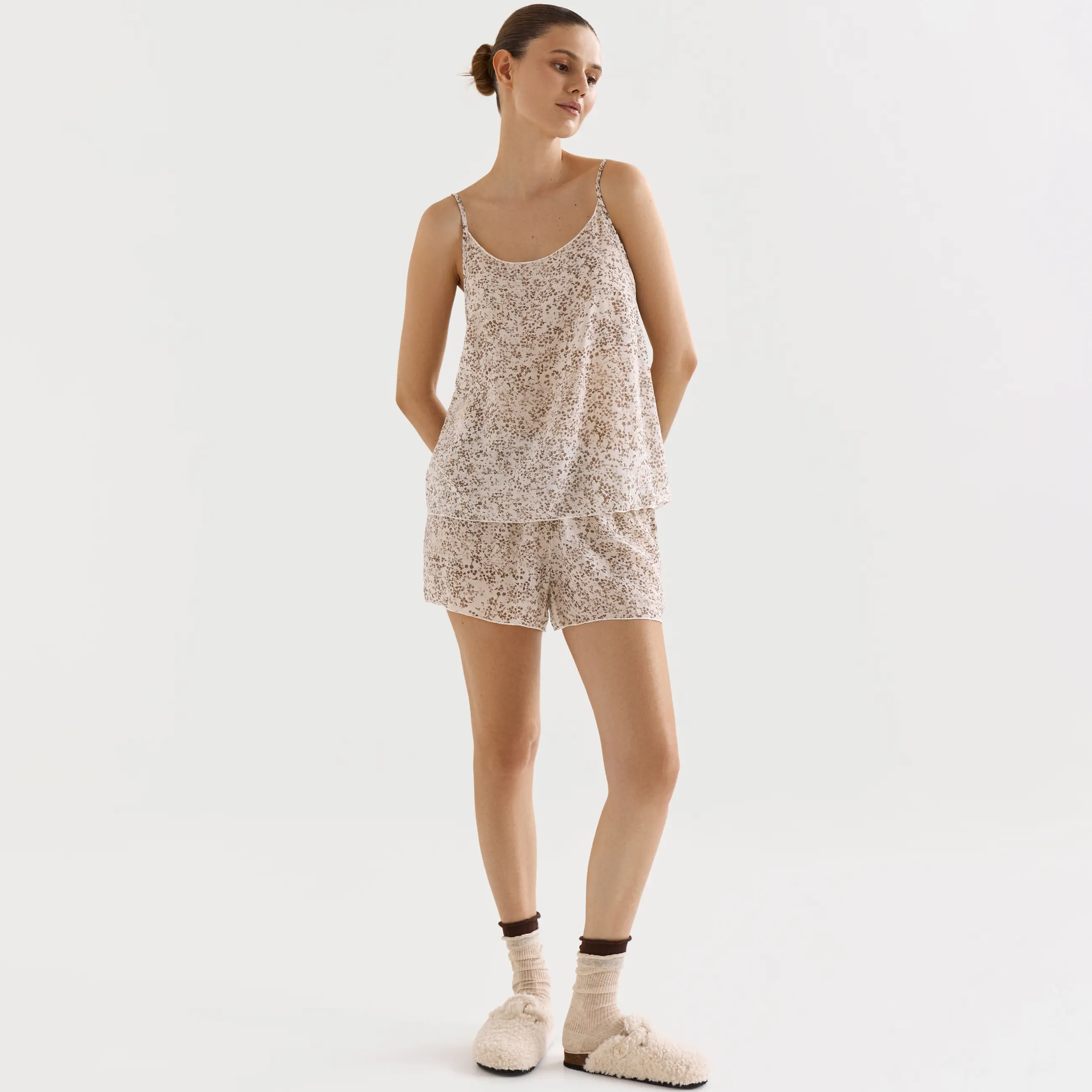 Women's shorts, homewear, size L, viscose / nylon, milky, Dots, Odelia