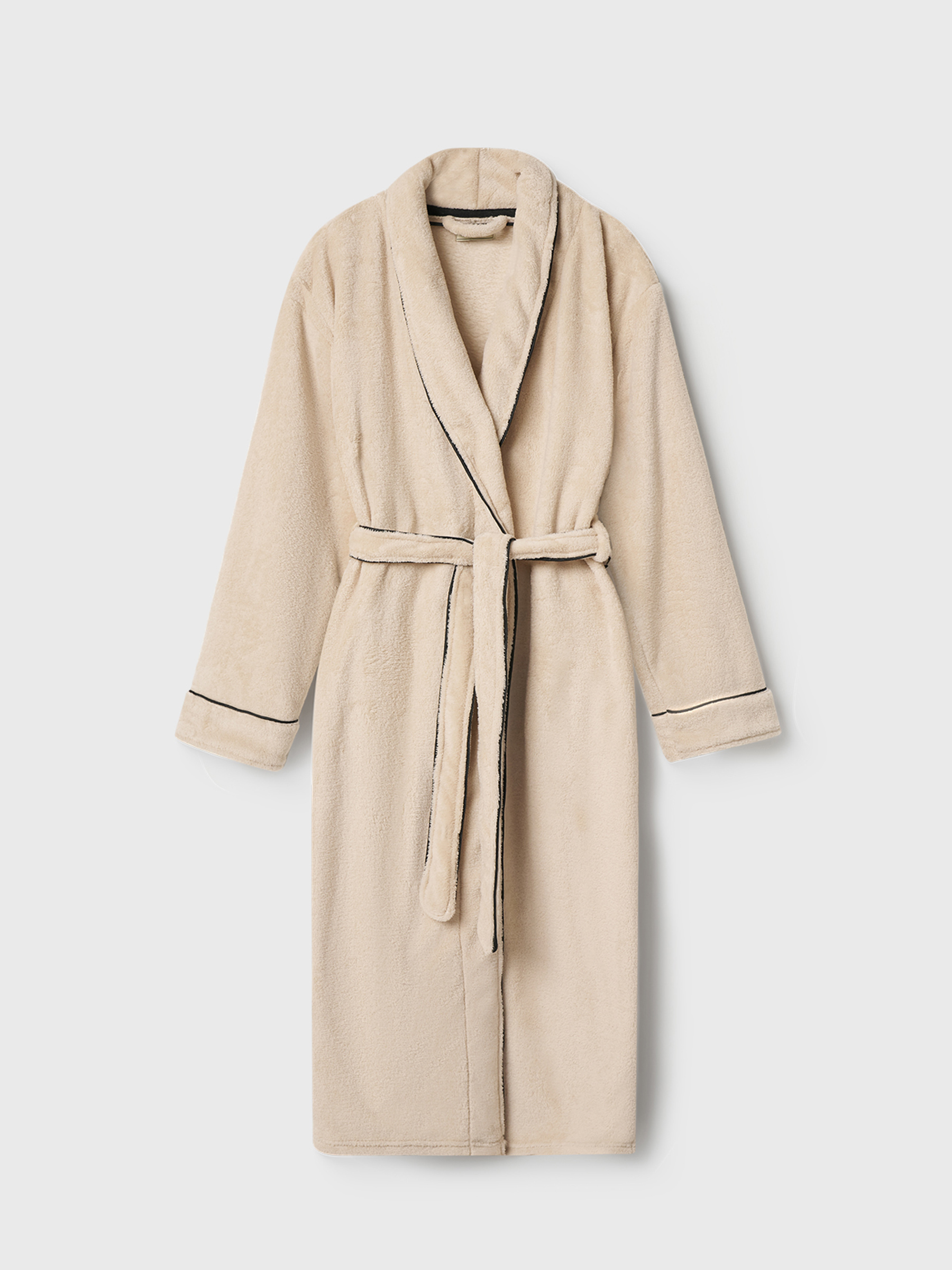 Women's robe, homewear, size S / M, with long sleeves, fleece, beige, Black edging, Jack, image-5