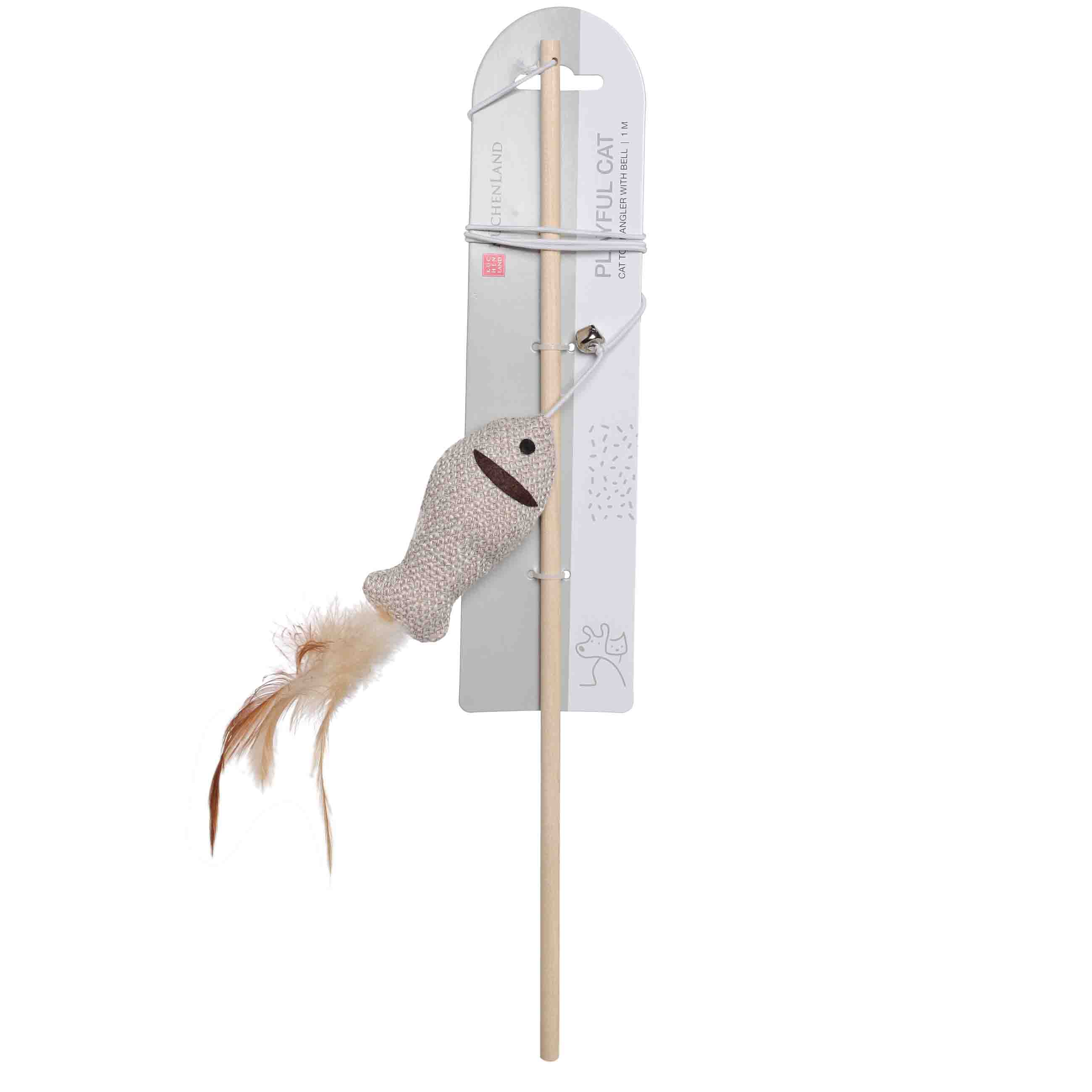 Cat fishing pole toy, 1 m, with Bell, Wood / Polyester, Fish, Playful cat, image-1