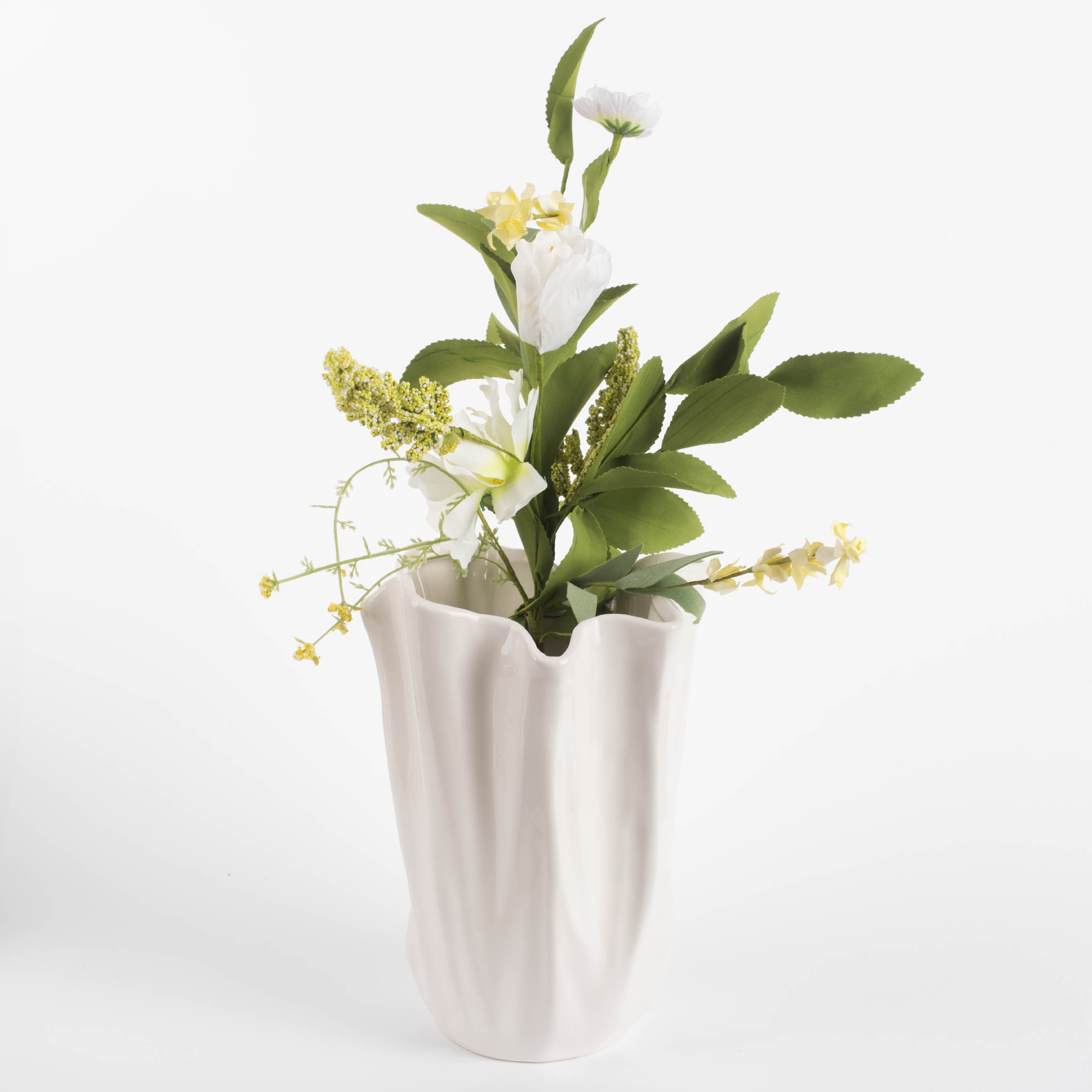 Flower vase, 25 cm, ceramic, milky, Crumpled effect, Crumple