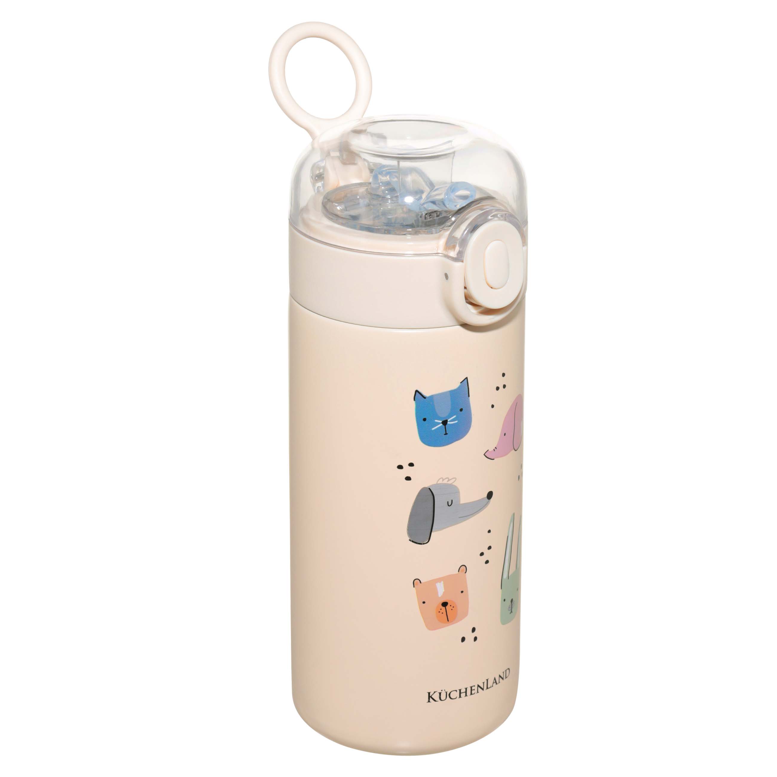 Children's thermos flask, 320 ml, with tube, steel / plastic, beige, Animals, Cute vessel