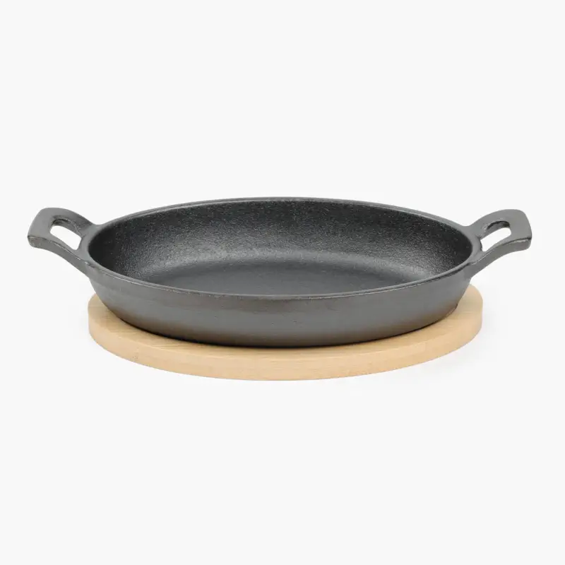 Frying pan, 18 cm, on a stand, with handles, cast iron / bamboo, oval, black, Authentic
