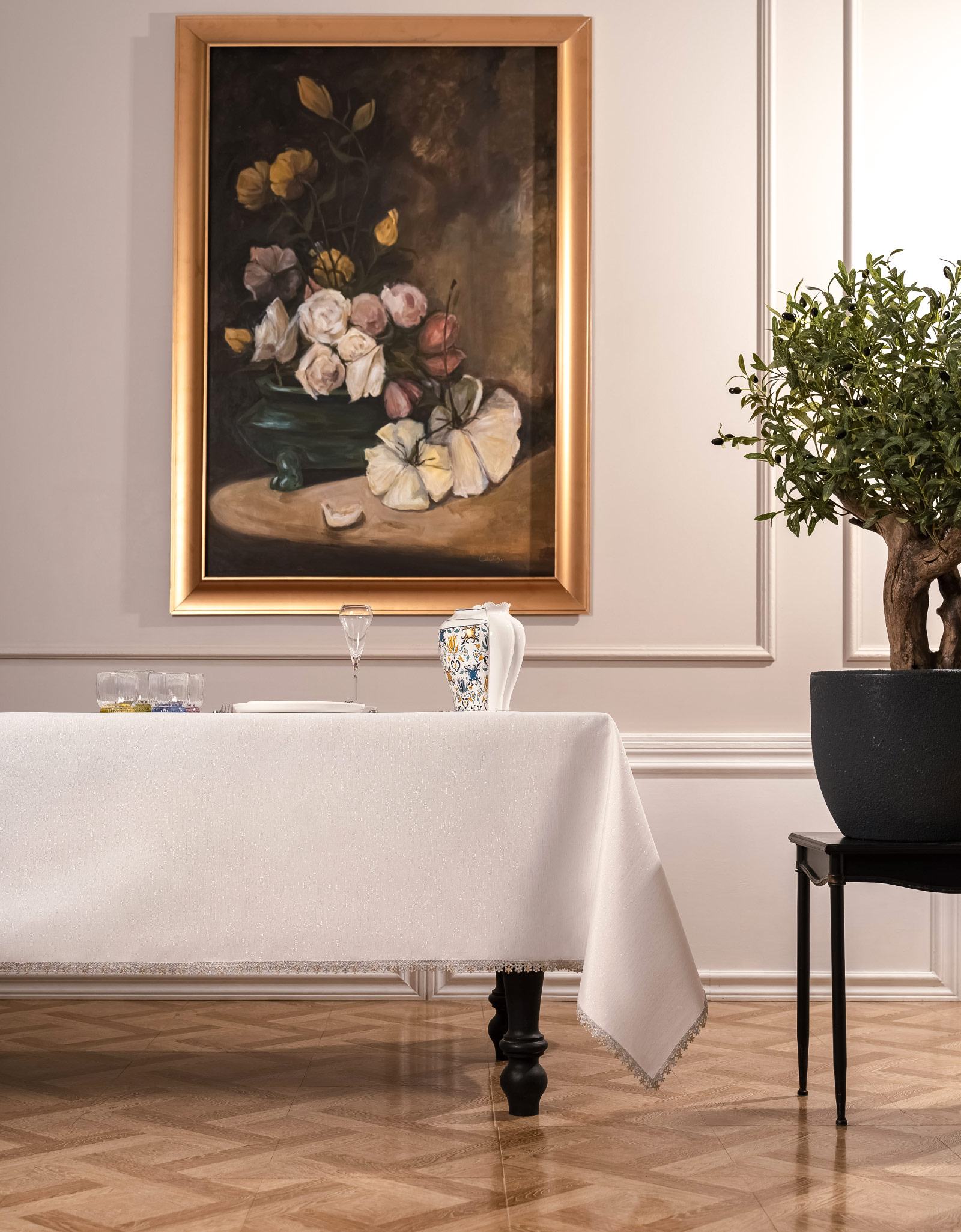 Tablecloth, 170x250 cm, polyester, white, Floral lace, Flower lace, image-1