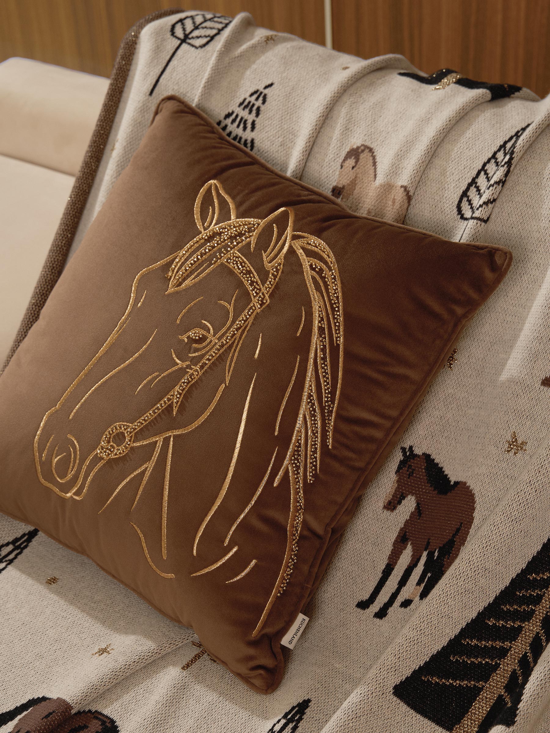 Decorative pillow, 45x45 cm, velvet / beads, brown, Horse, Horse, image-3