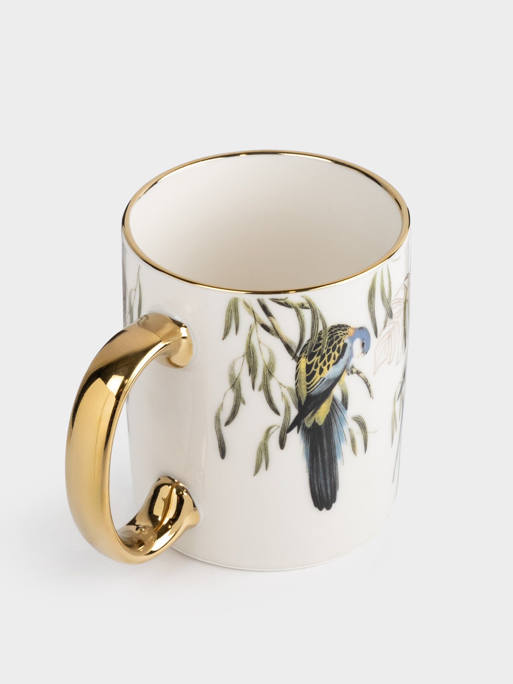 Mug, 350 ml, porcelain N, white and gold, Parrots on branches, Glorious bird, image-1