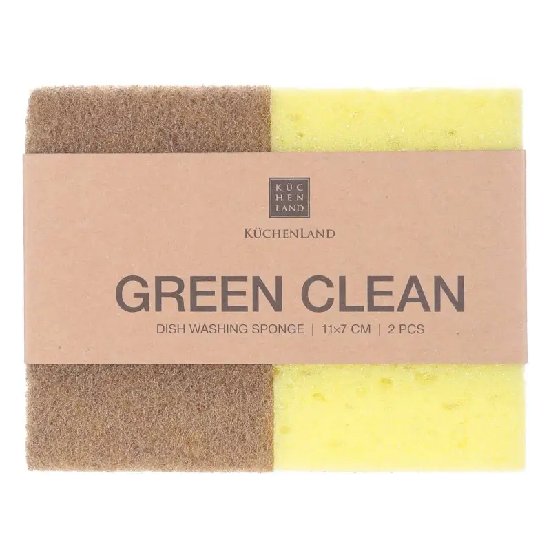 Dish washing sponge, 11x7 cm, 2 pcs, wood fiber/sisal, beige, Green clean