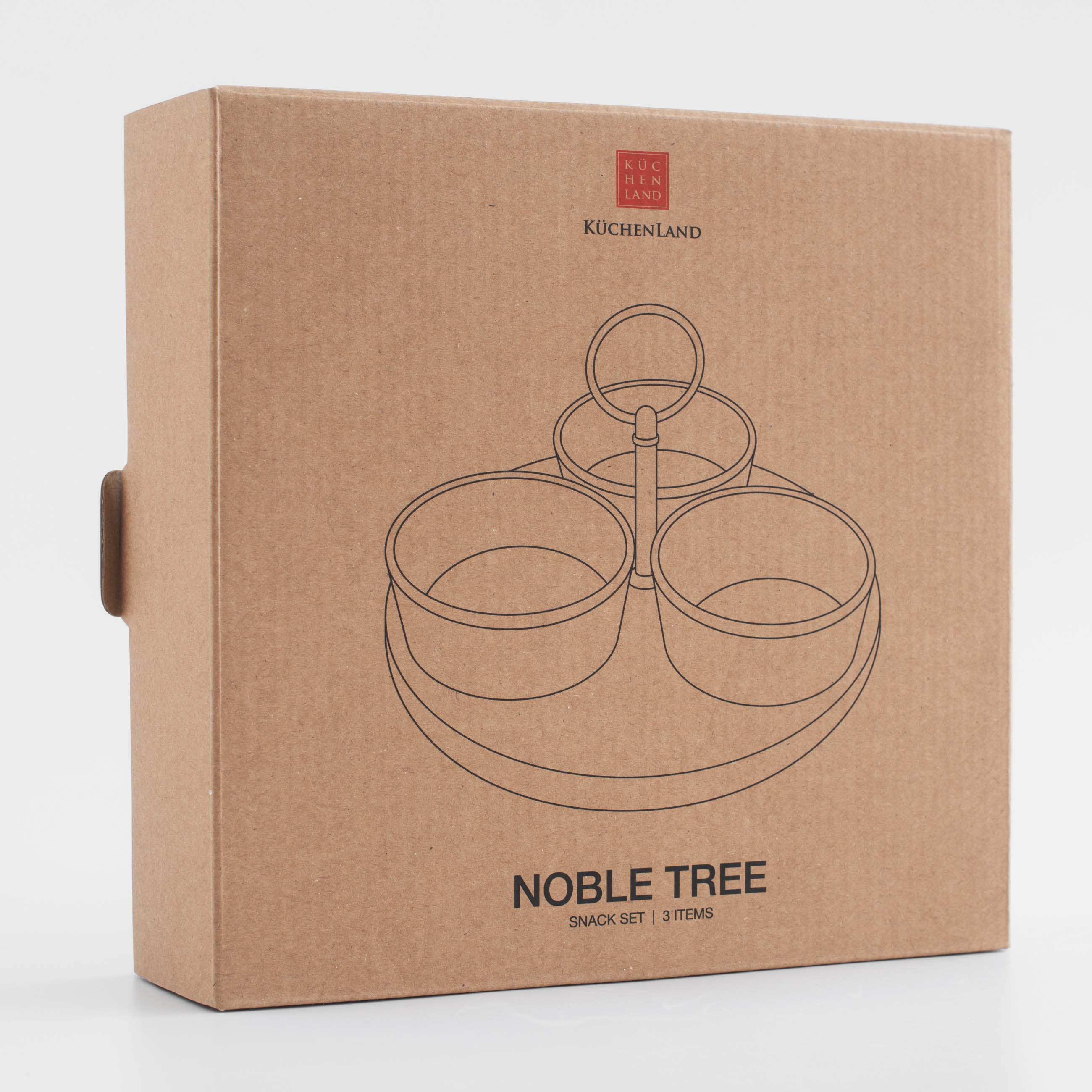 Snack set, 3 items, on a stand, with handle, ceramic / wood, milky, Noble tree 