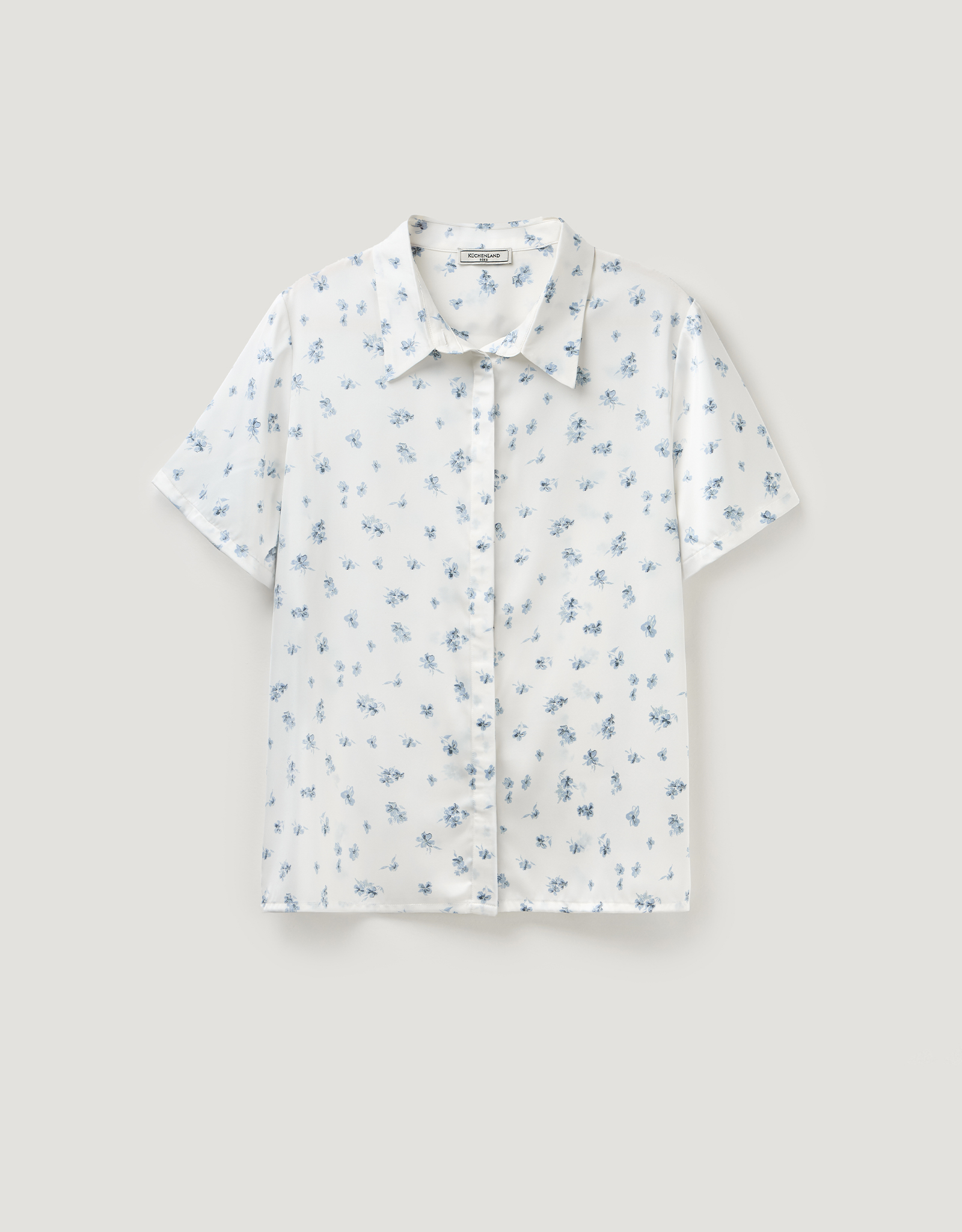 Women's shirt, homewear, size S, with short sleeves, polyester, blue and white, Flowers, Tesia, image-7
