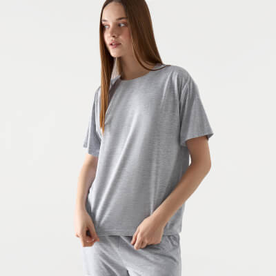 Women's T-shirt, homewear, size L, polyester / viscose / lurex, light gray, Awereona ,image-0