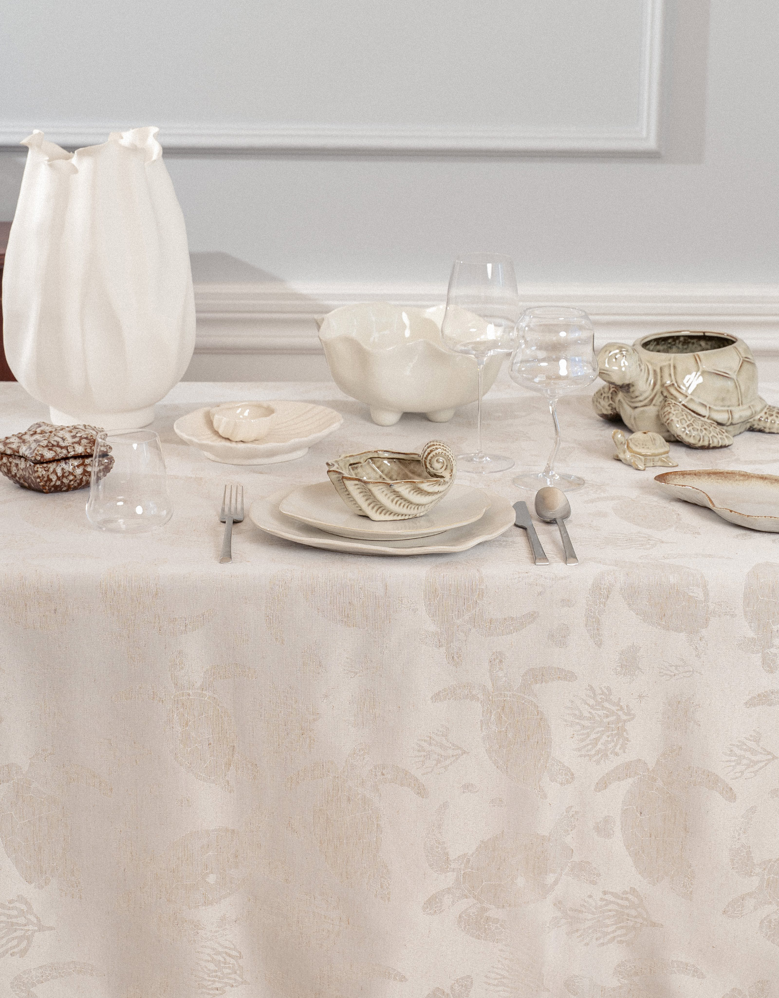 Tablecloth, 160x160 cm, jacquard, polyester / linen, beige, Turtles, Marine turtles, image-5