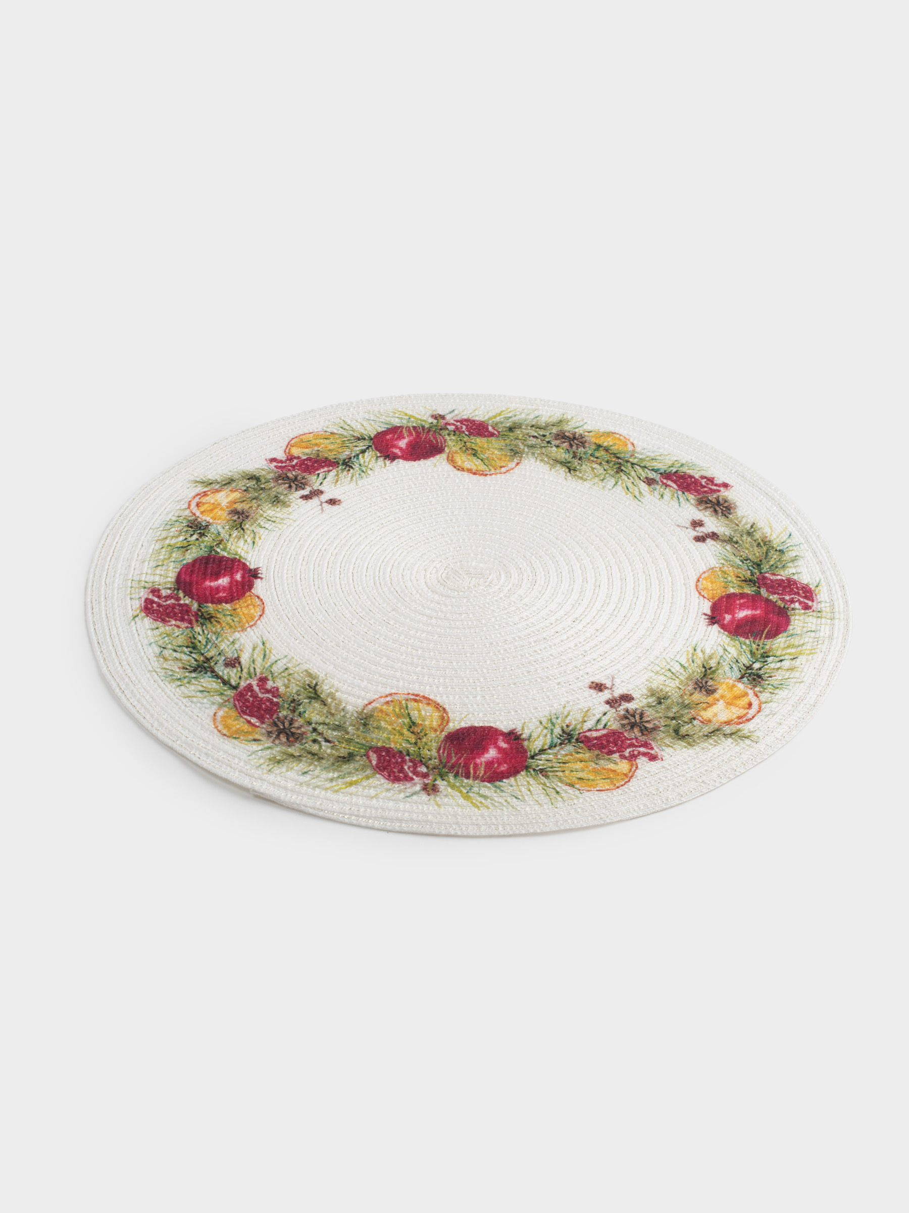 Placemat, 38 cm, polyester, round, white, Pomegranates and oranges, Rotary print, image-1