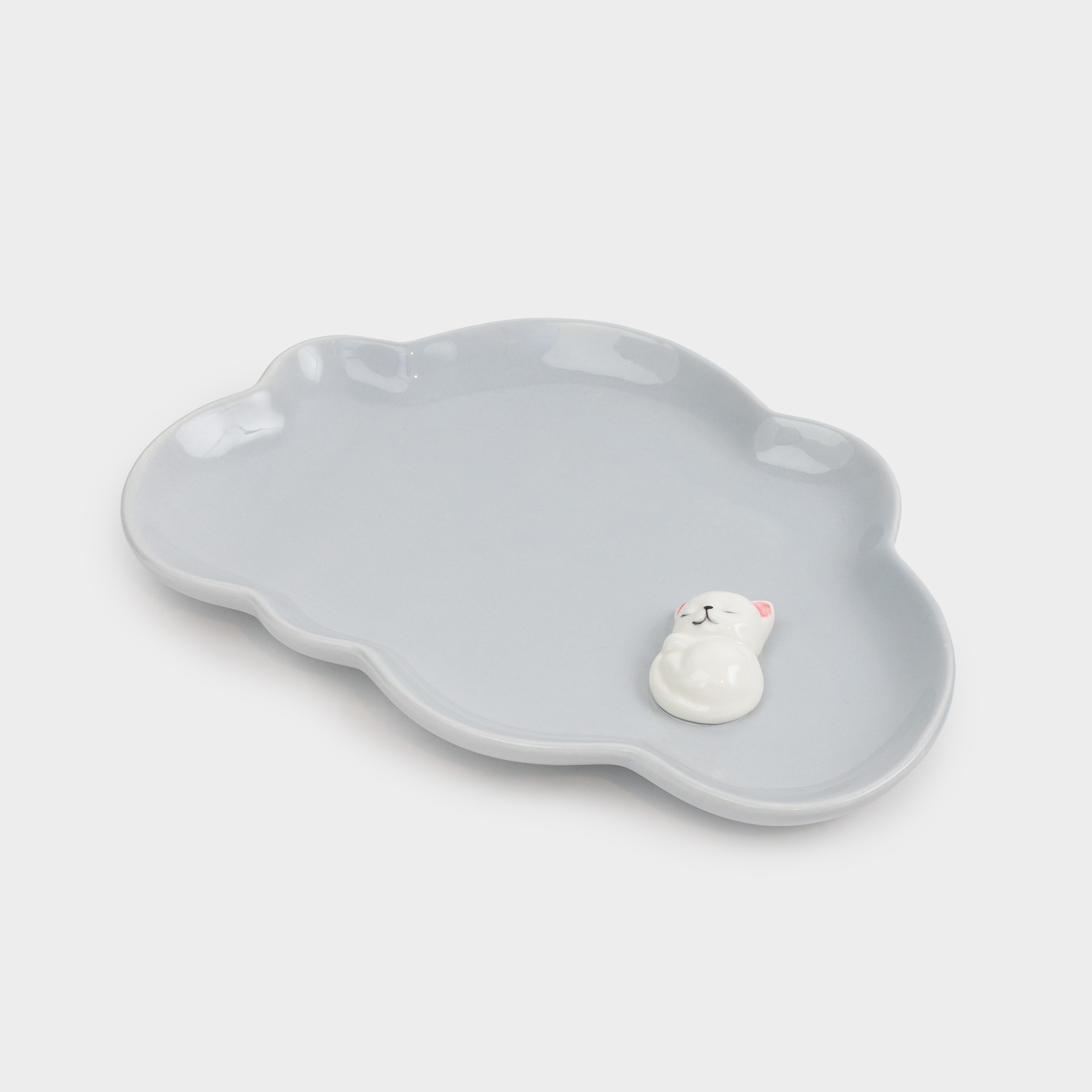 Children's snack plate, 23x16 cm, porcelain P, gray, curly, kitten, friend, image-1