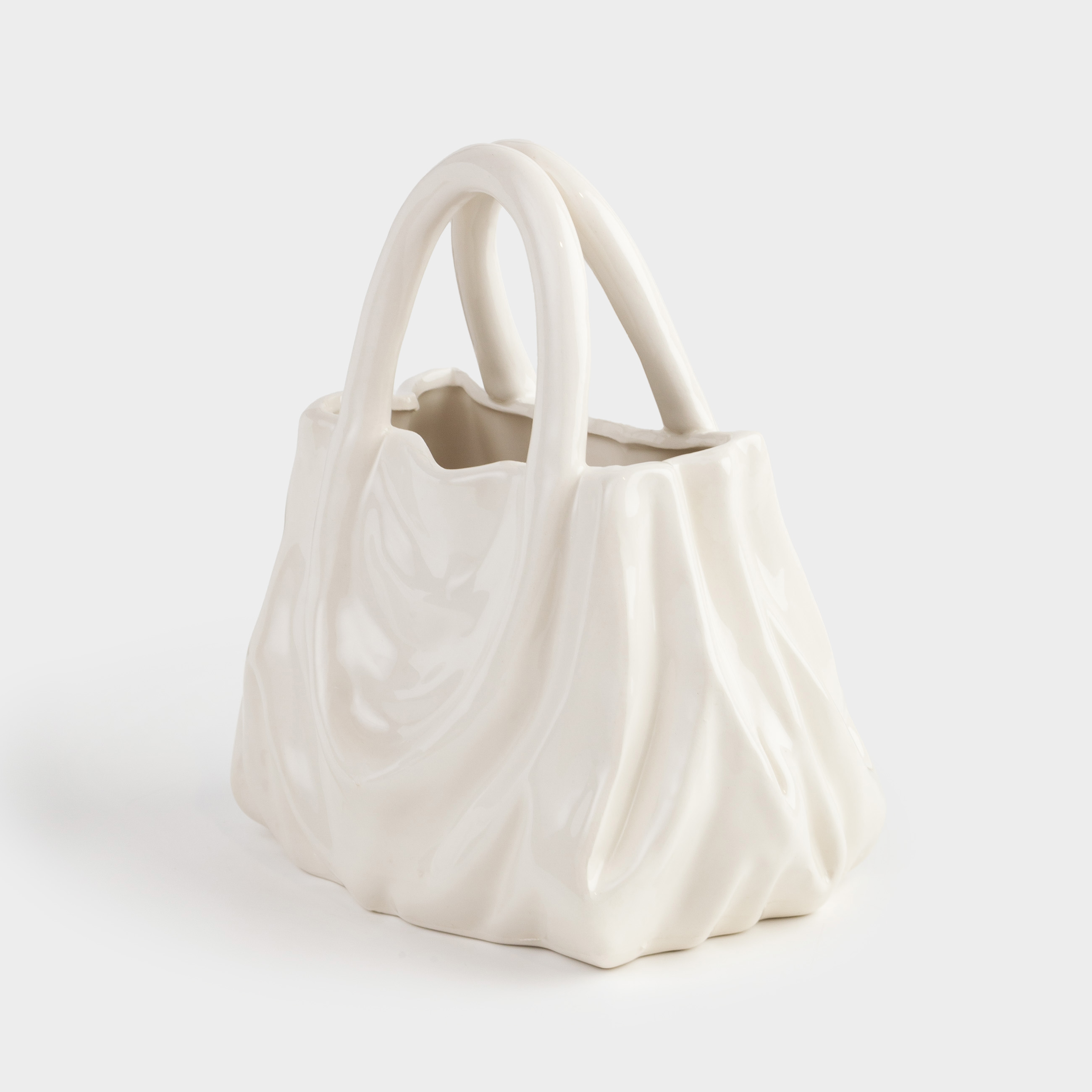 Flower vase, 20x22 cm, decorative, ceramic, milky, Crumpled effect, Bag, Crumple