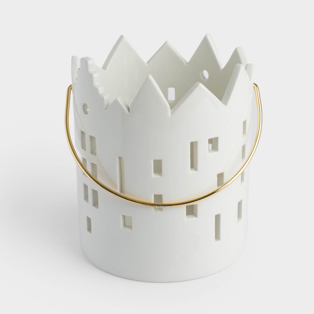 Candle holder, 15 cm, for tea candle, with handle, ceramic / metal, milky, House, Snow sparks