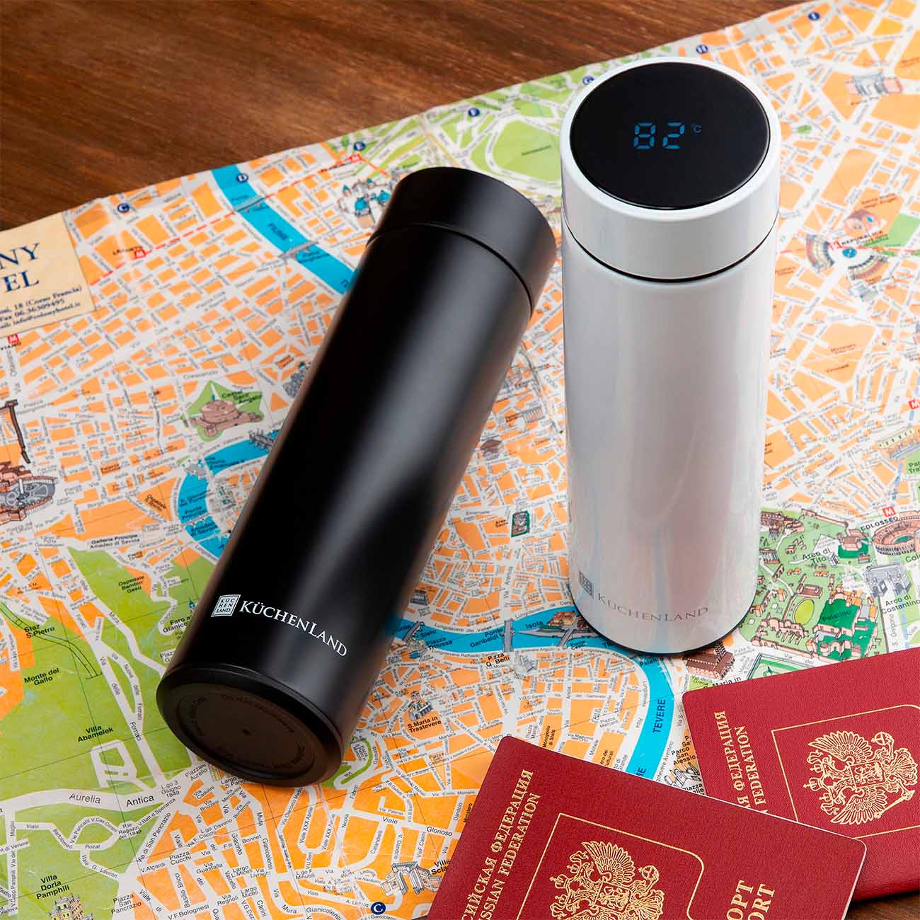 Thermos flask, 500 ml, with thermometer, steel / plastic, black, Celsius