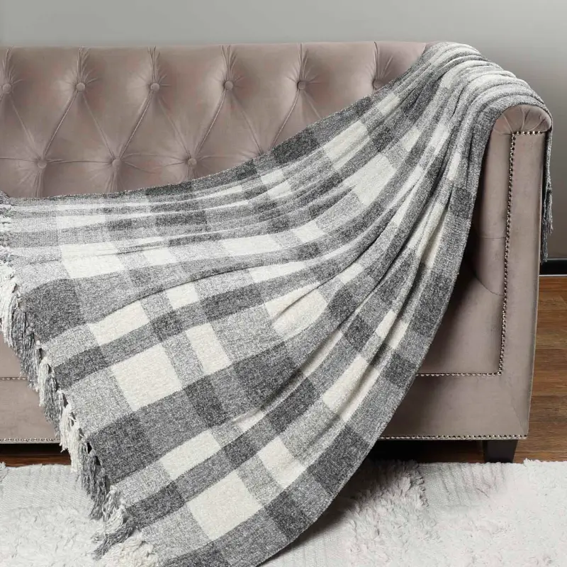 Plaid, 130x170 cm, fringed, chenille, beige-gray, Checkered, Hazel ,image-0