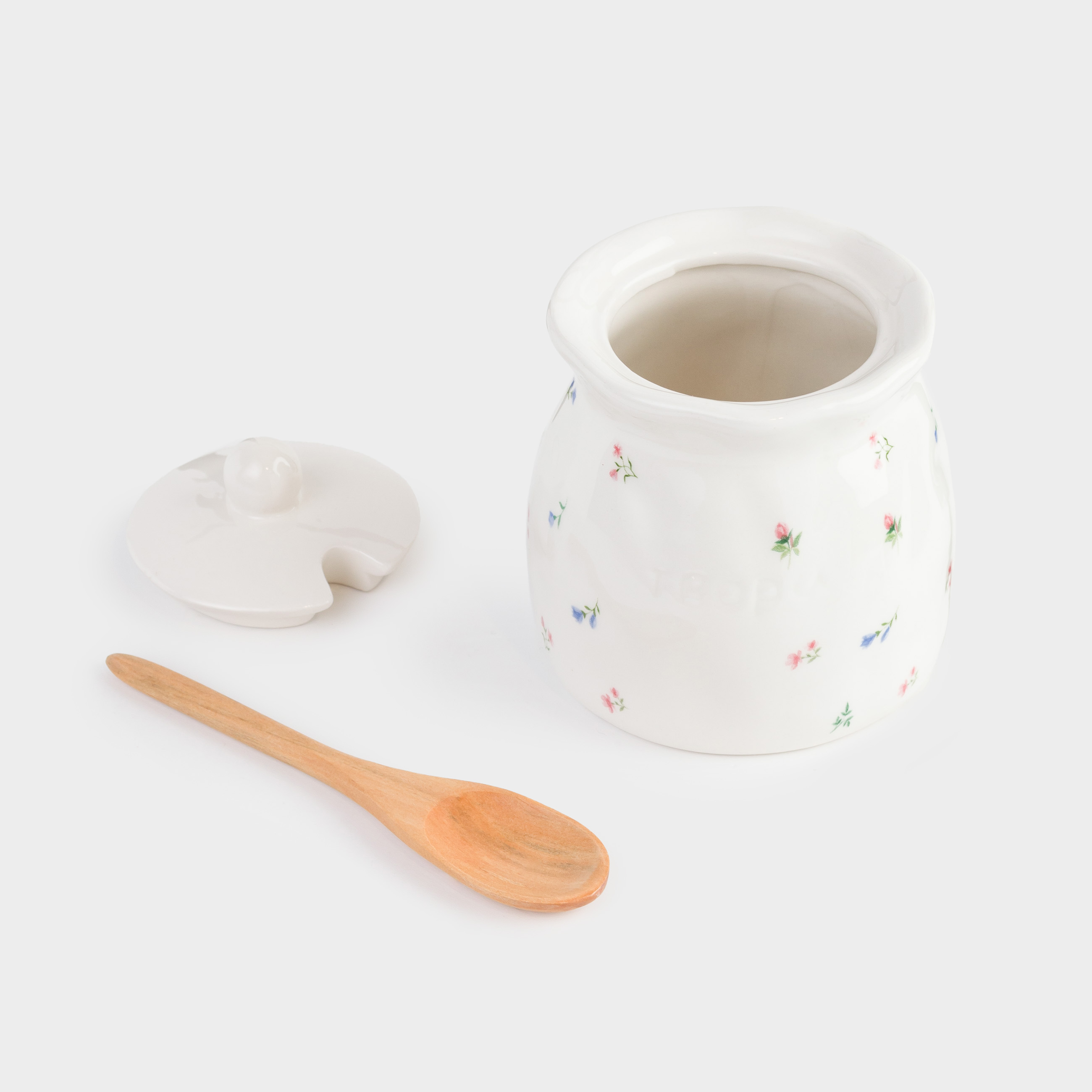 Sugar bowl, 12 cm, 370 ml, with spoon, ceramic / wood, milky, Flowers, El flora