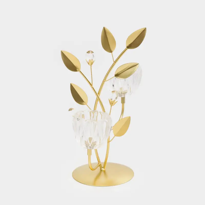 Candlestick, 29 cm, 2 tea candles, glass / metal, golden, Fantastic flowers