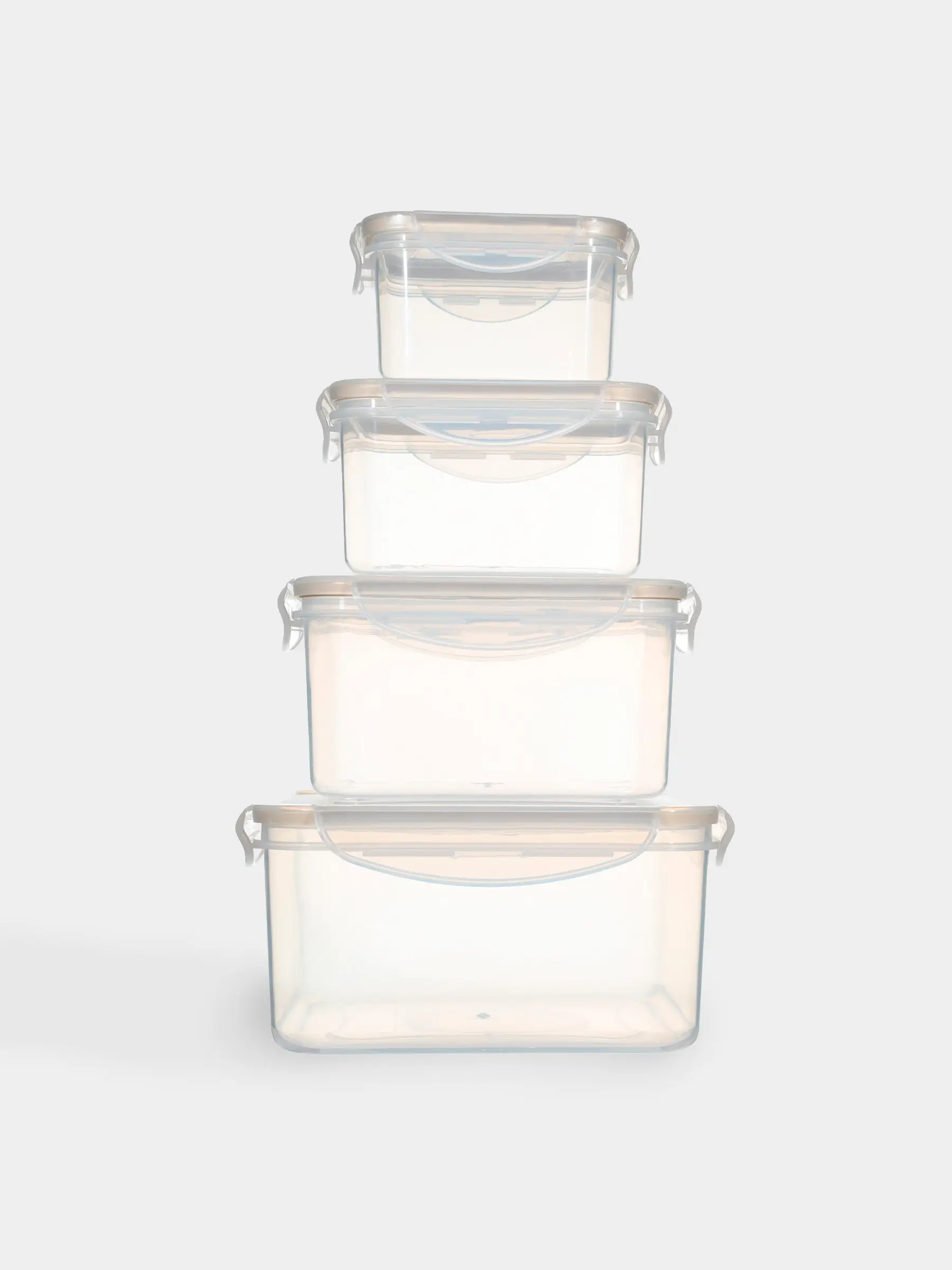 Container set, 4 pcs, with clips, plastic / silicone, Square, Beige, Roomy clip