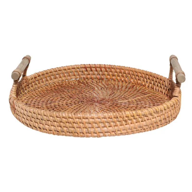 Tray, 24 cm, wicker, with handles, rattan / wood, round, Eco home