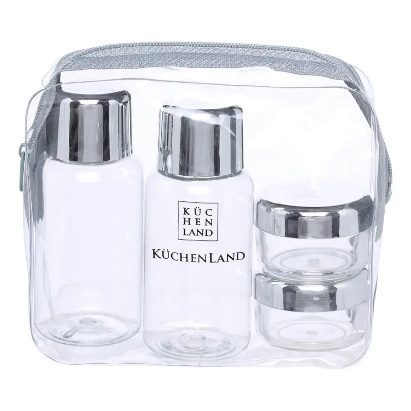 Travel Bottle/Jar set, 4 pcs, in cosmetic bag, Plastic, Silver, Basic