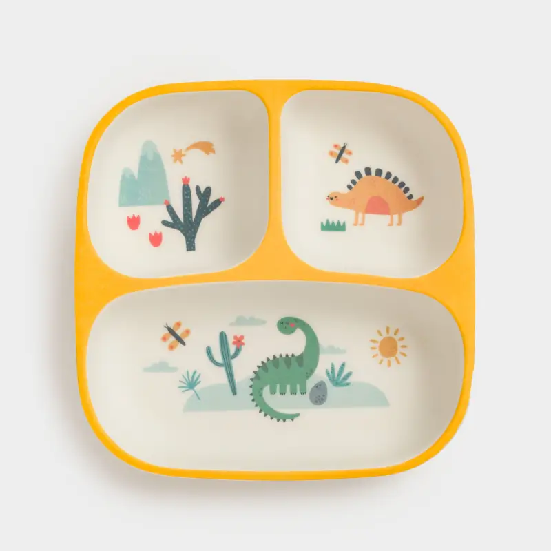 Dining plate, children's, 18 cm, 3 otd, bamboo, square, yellow, Dinosaurs, Dino ,image-0