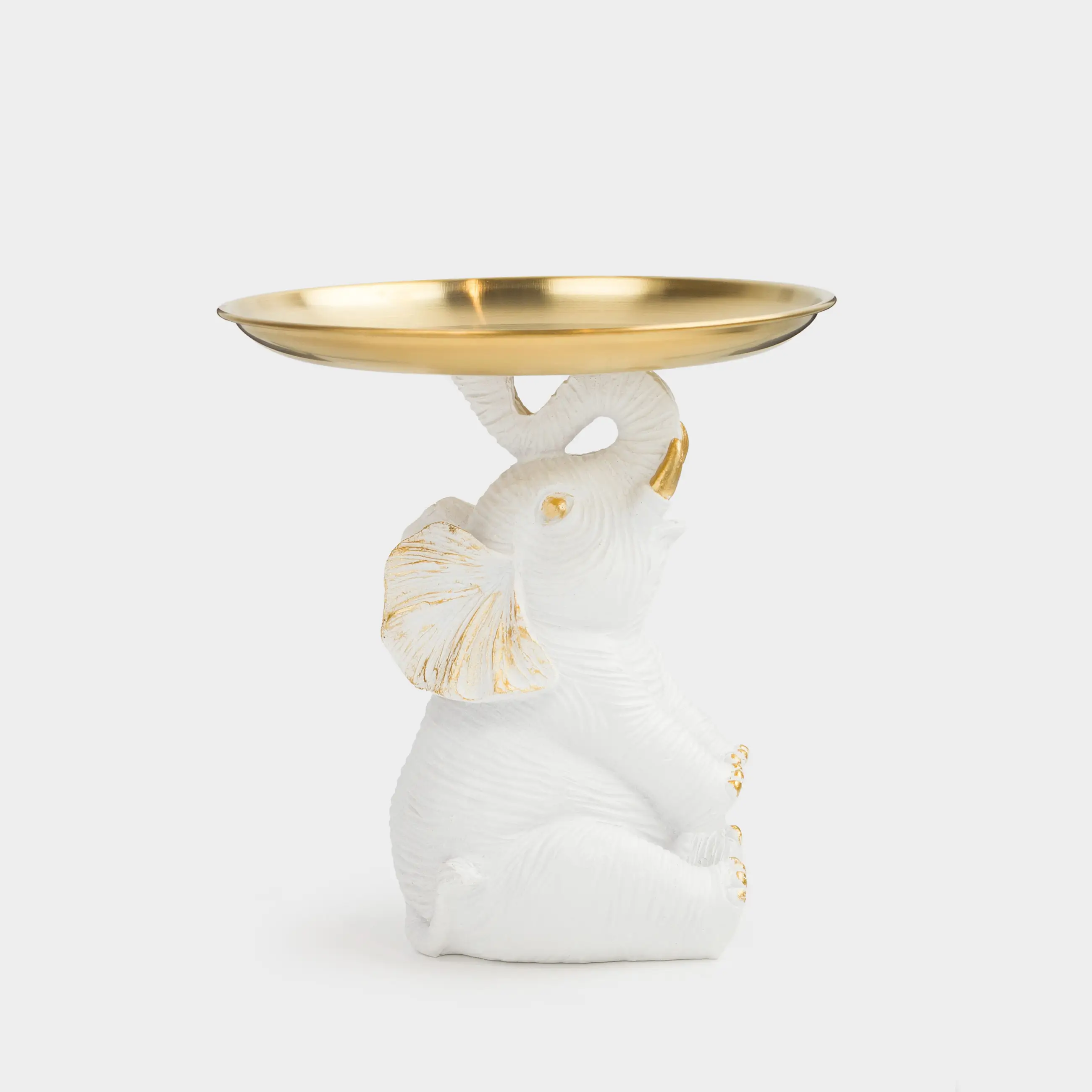 Decorative dish, 17x17x1 cm, on a leg, polyresin/metal, golden / white, Elephant, Elephant