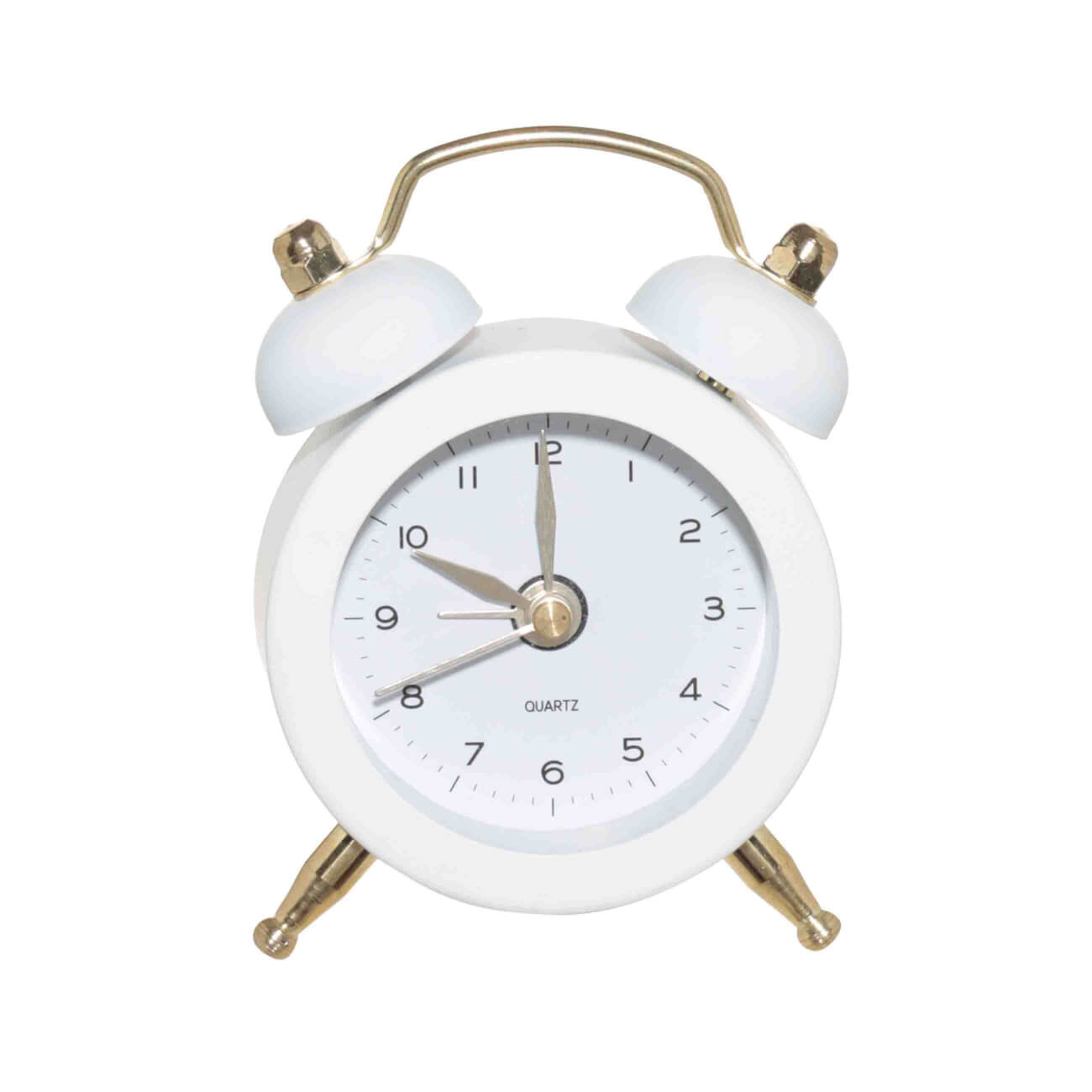 Alarm clock, 8 cm, on legs, metal / glass, round, white and gold, Retro, Dial