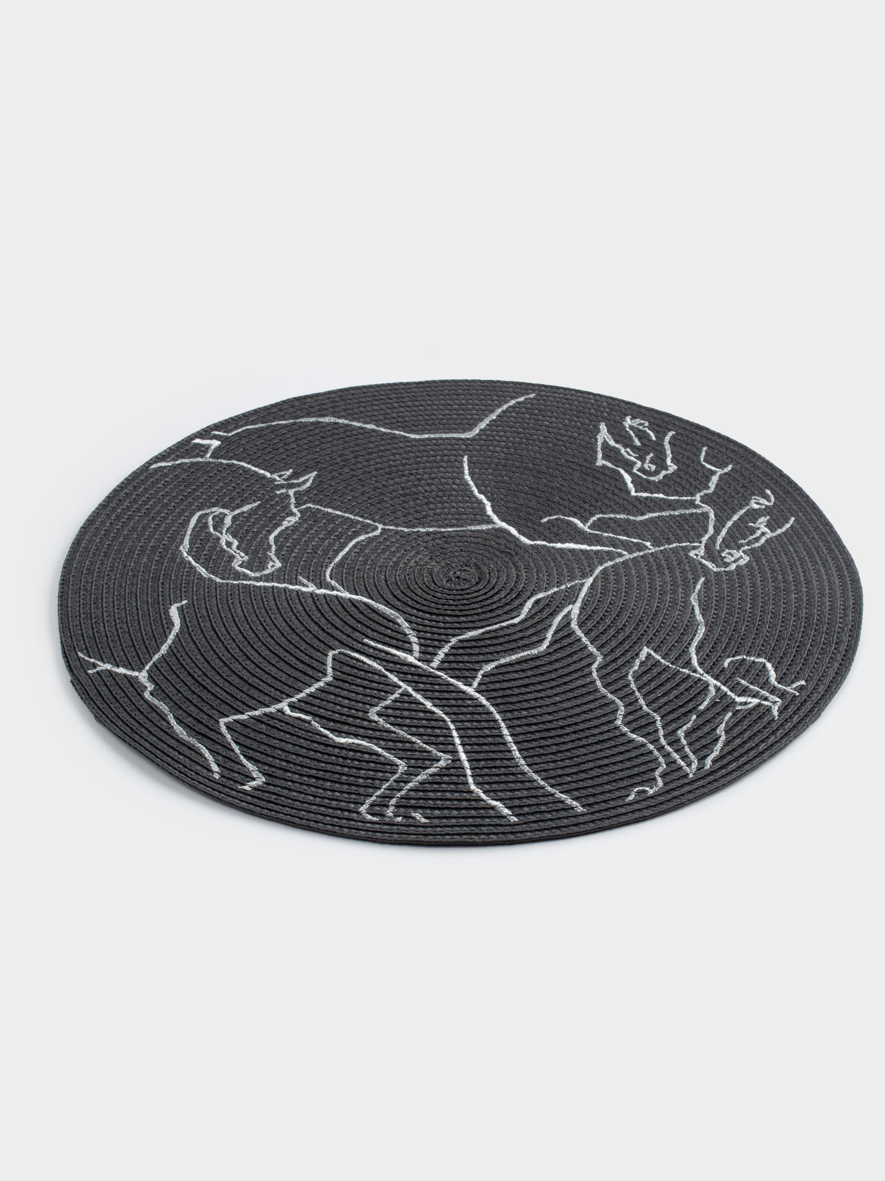 Placemat, 38 cm, polyester, round, dark grey, Horses, Circle embroidery, image-1