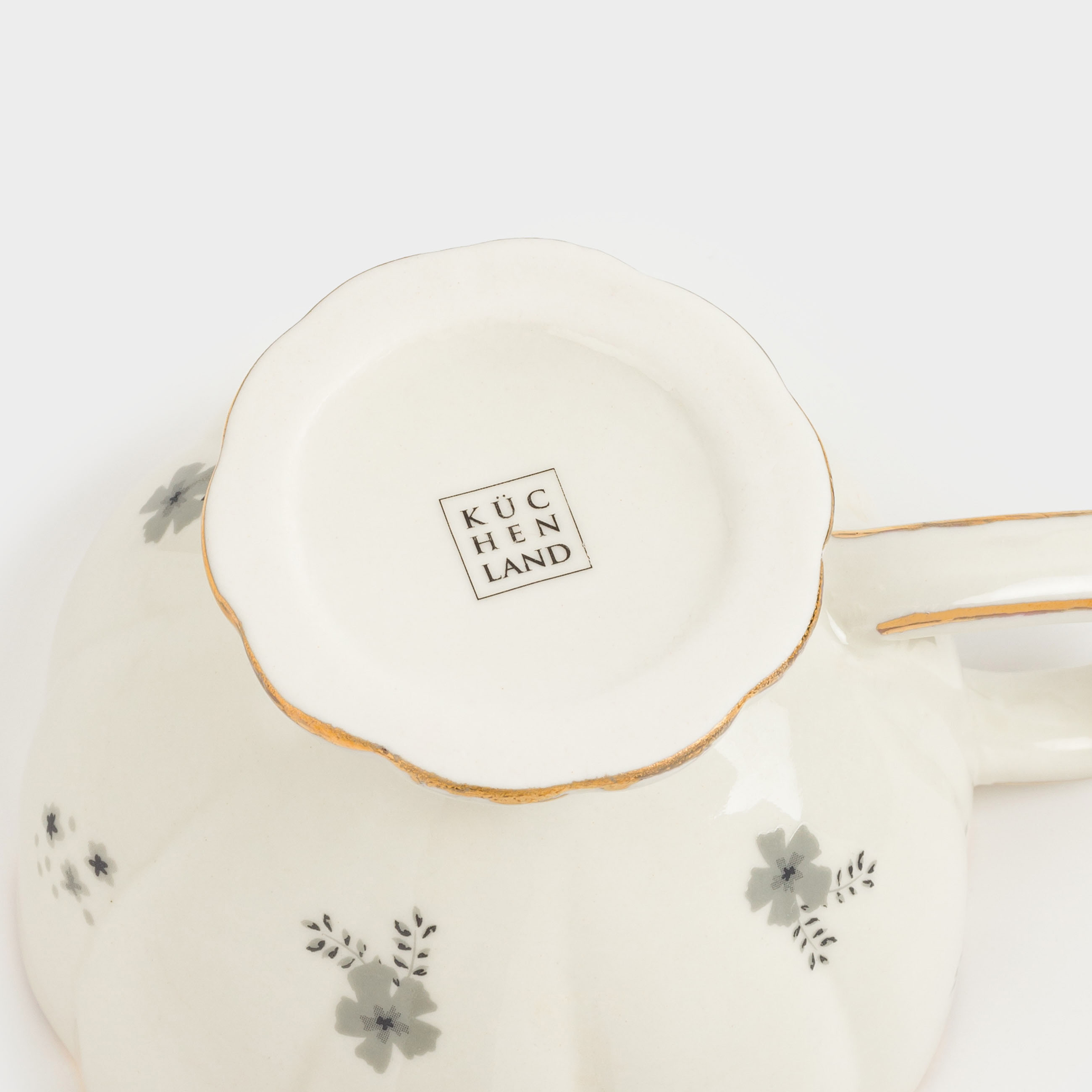 Mug, 360 ml, porcelain P, milky, with golden edging, Grey flowers, Florals, image-7