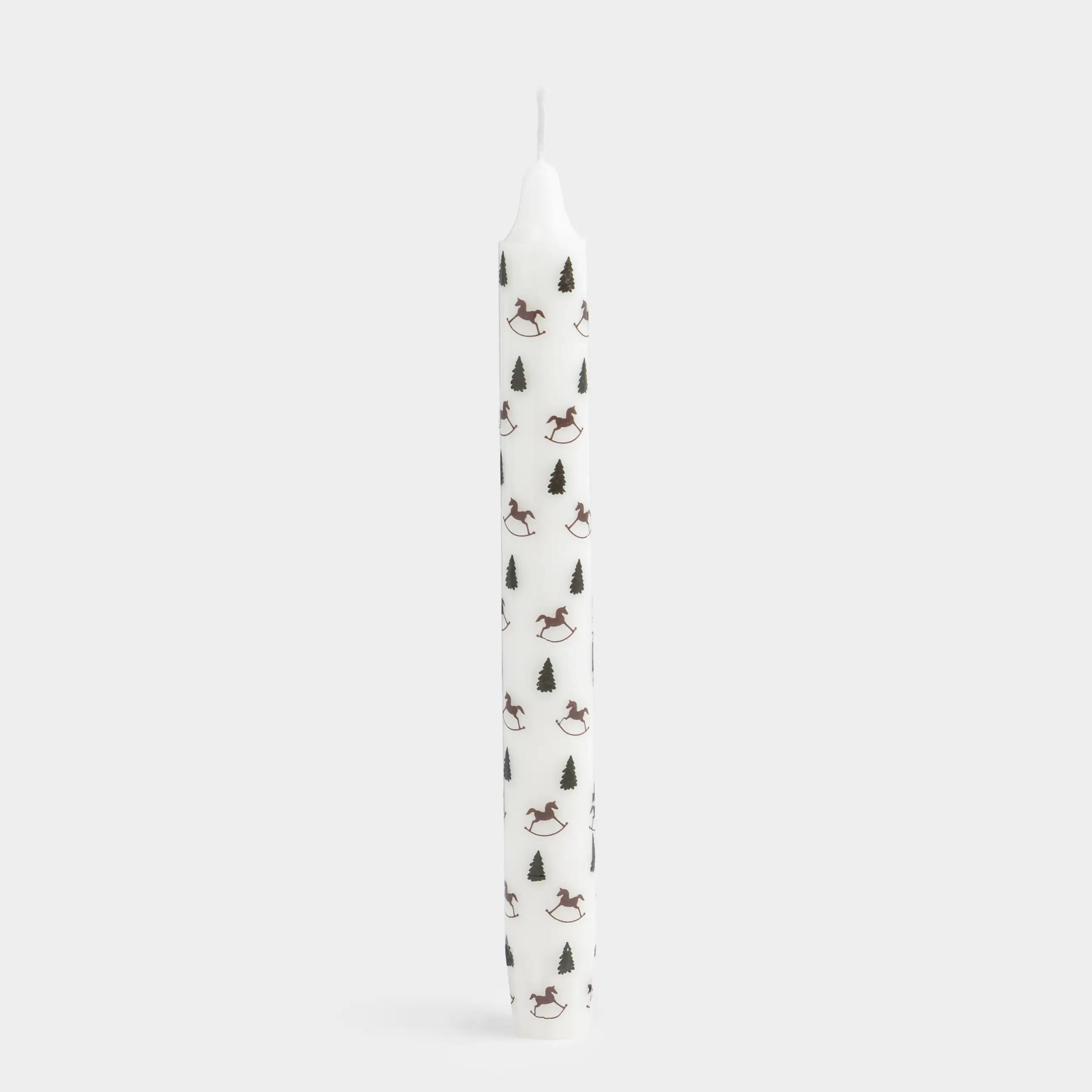 Candle, 20 cm, thin, white, Horses and Christmas trees, Print candle