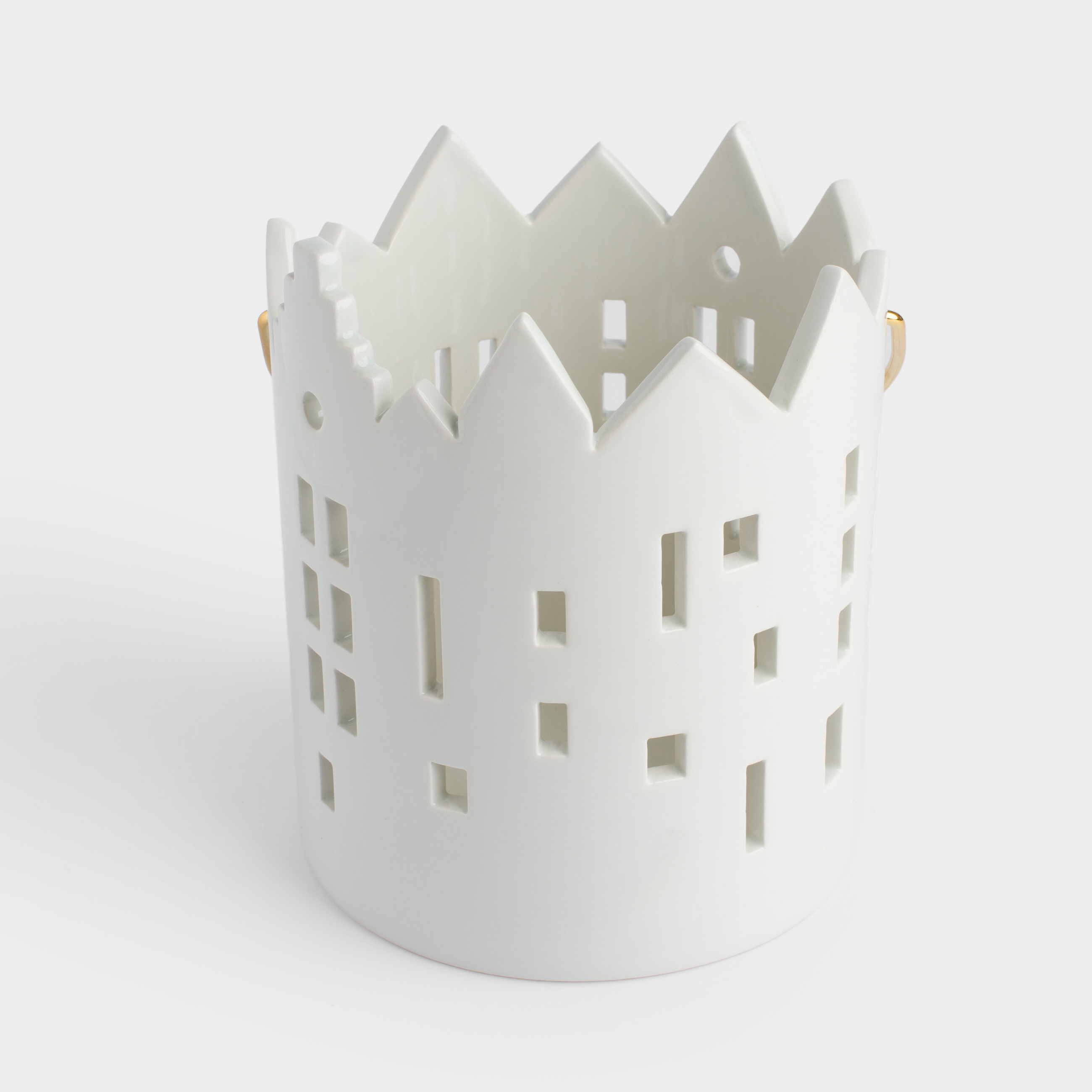 Candle holder, 15 cm, for tea candle, with handle, ceramic / metal, milky, House, Snow sparks