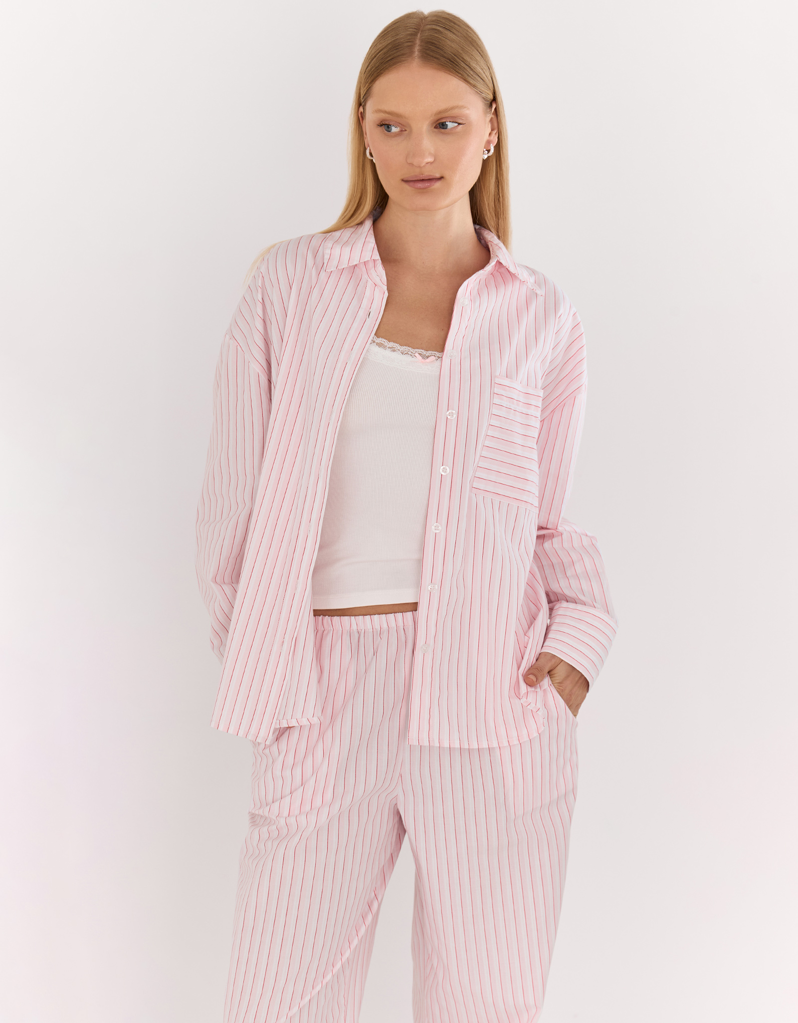Women's trousers, homewear, size L, cotton, white and pink, Stripe, Sheria, image-1