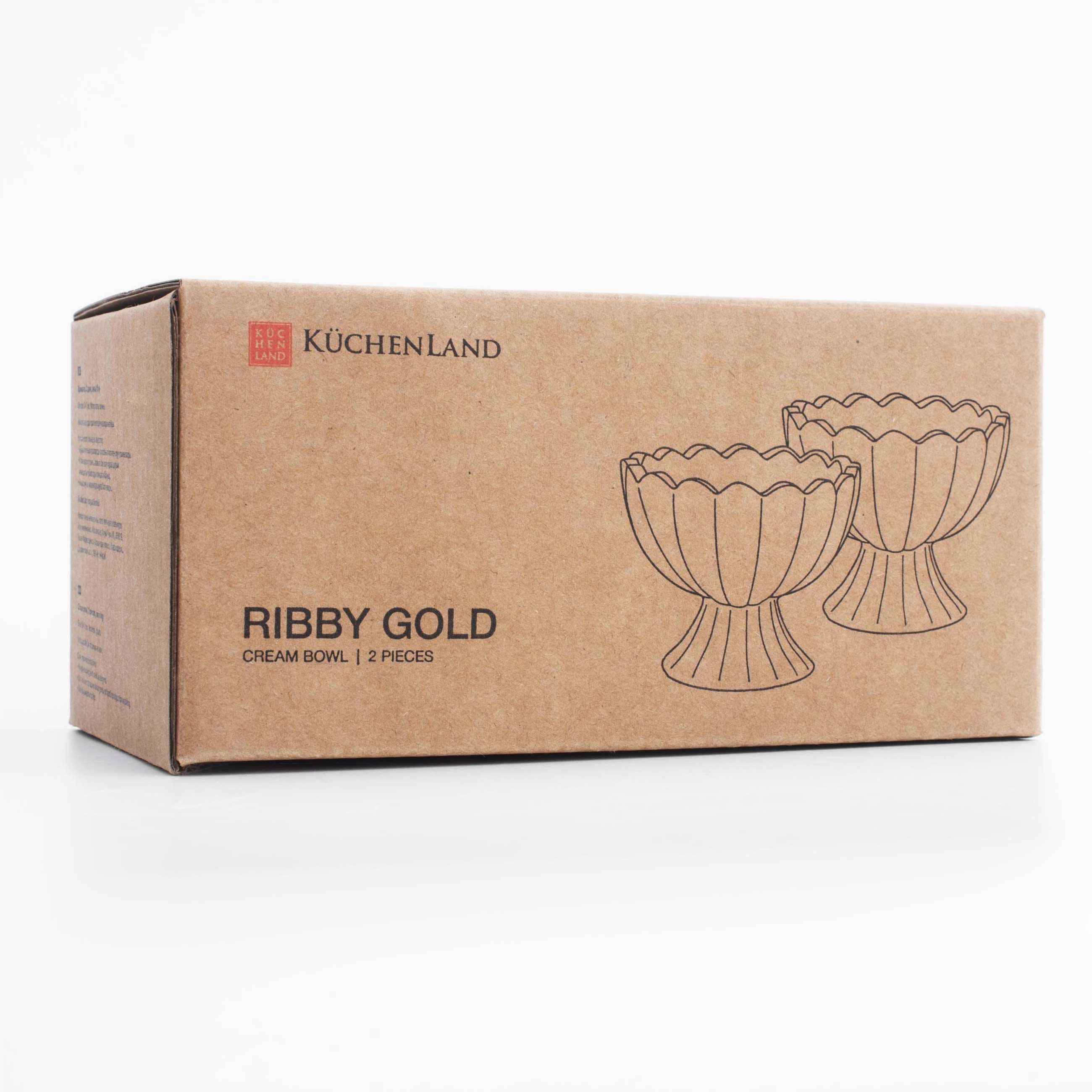 Cream bowl, 9x7 cm, 2 pcs, on a leg, glass R, with golden edging, Ribby gold, image-5