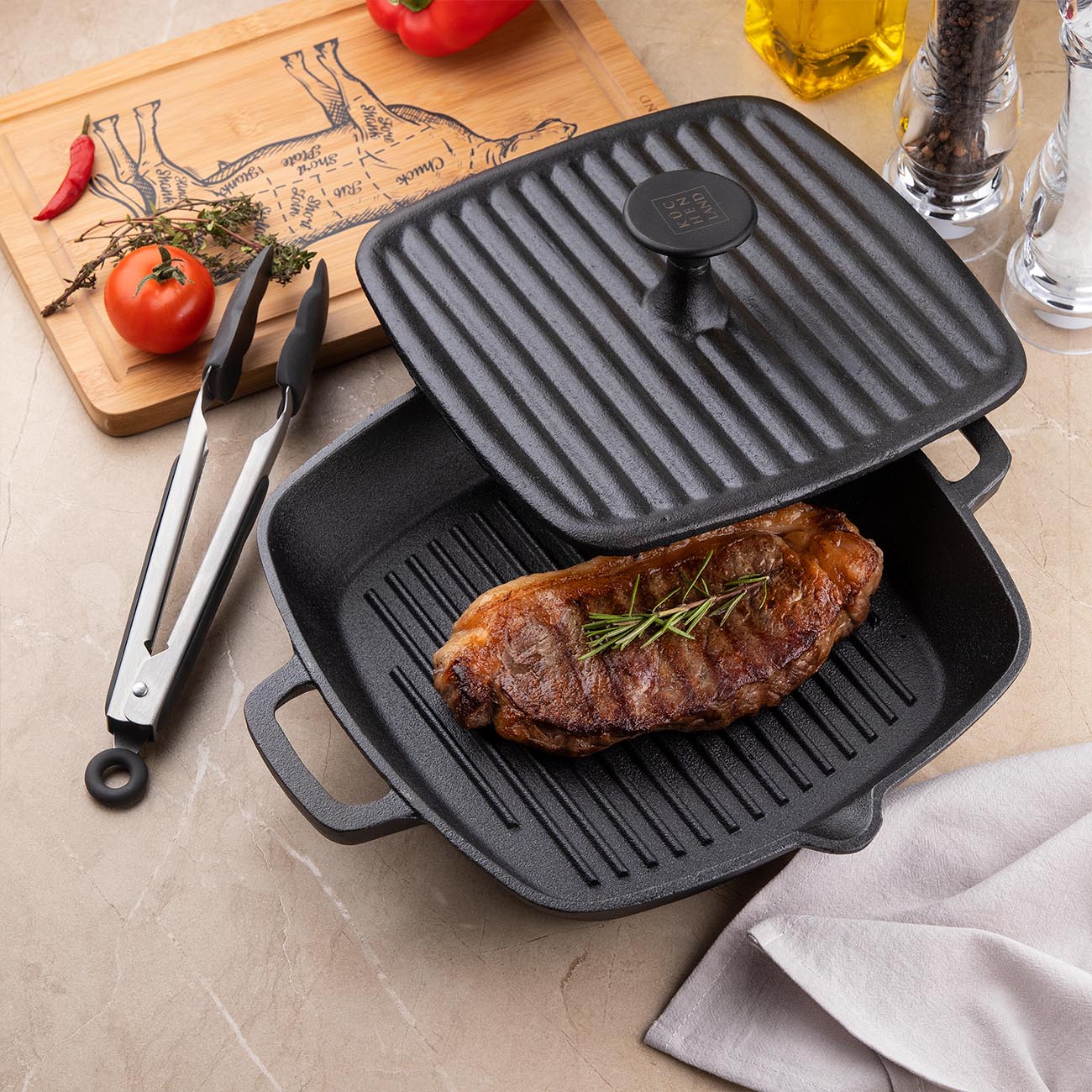 Grill press cover, 23 cm, cast iron, square, Black, Authentic