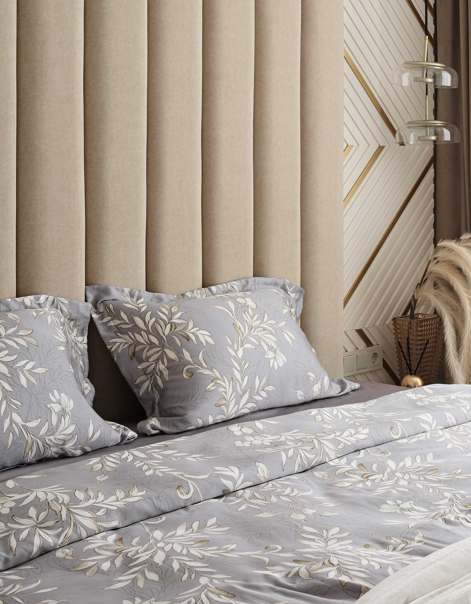 Bed linen set euro, Tencel 300 TC, grey, Leaves, Tencel