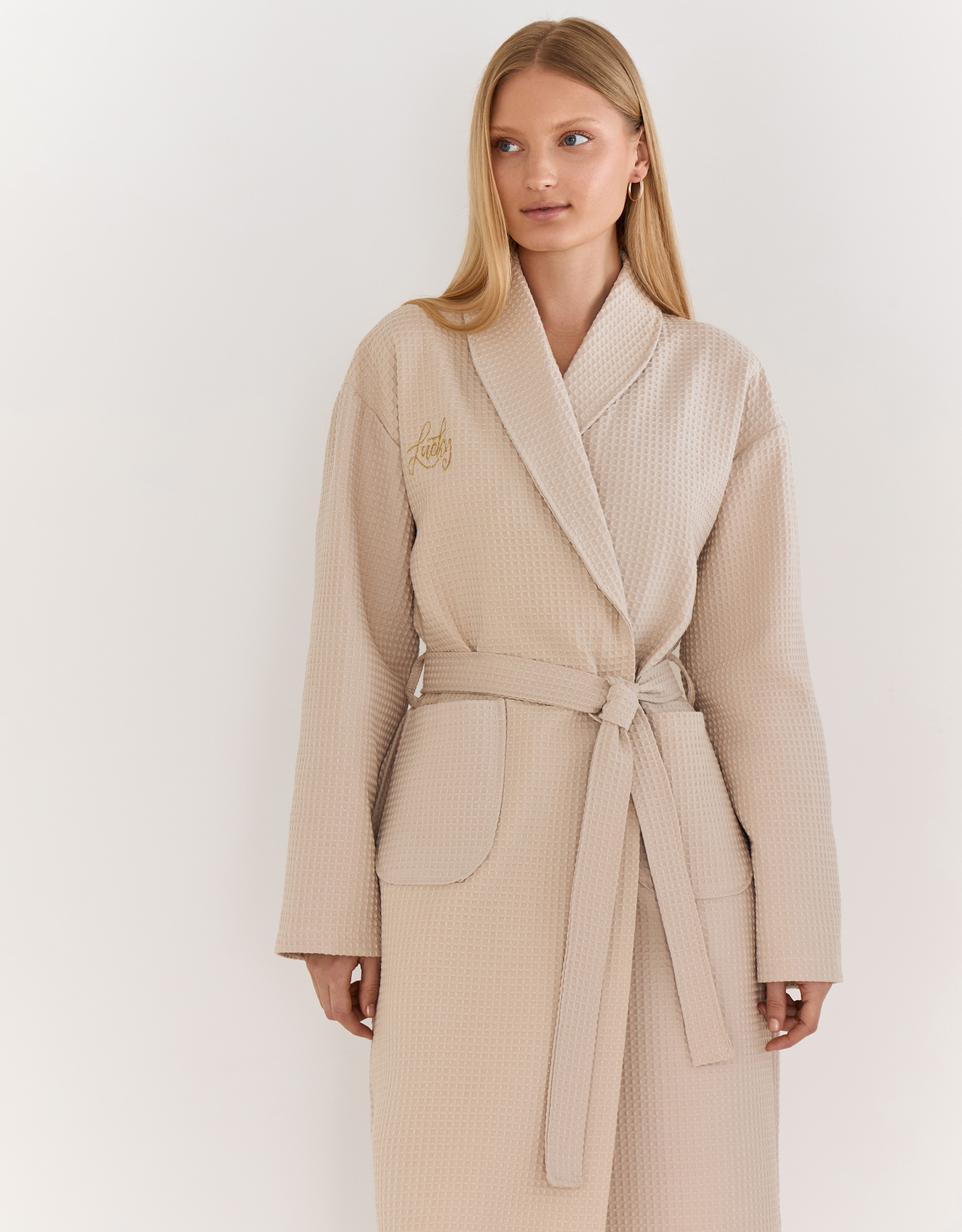 Women's robe, homewear, size L, with long sleeves, waffle, cotton, milky, Lucky, Stefani, image-1