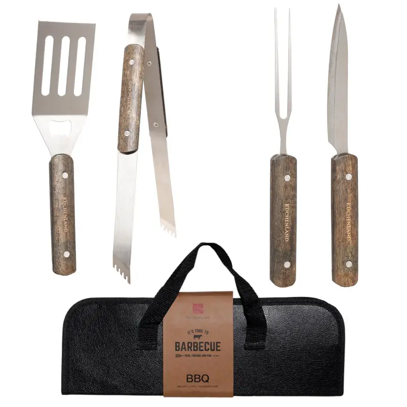 BBQ set, 4 items, in leather case, steel / wood / eco-leather, BBQ ,image-0