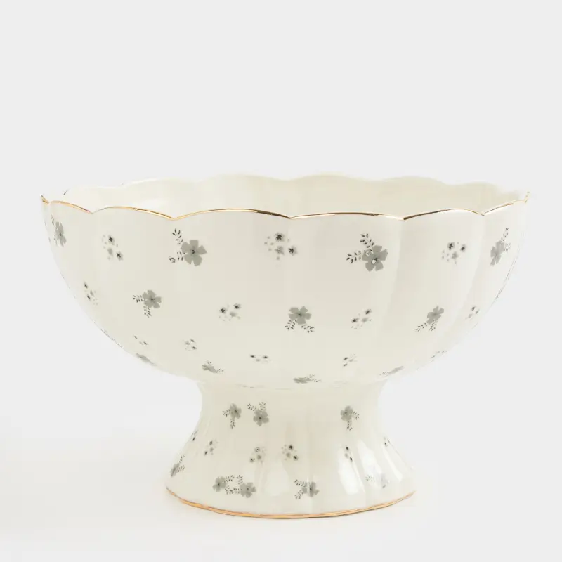 Fruit bowl, 24x15 cm, on a leg, porcelain P, milky, with golden edging, Grey flowers, Florals ,image-0
